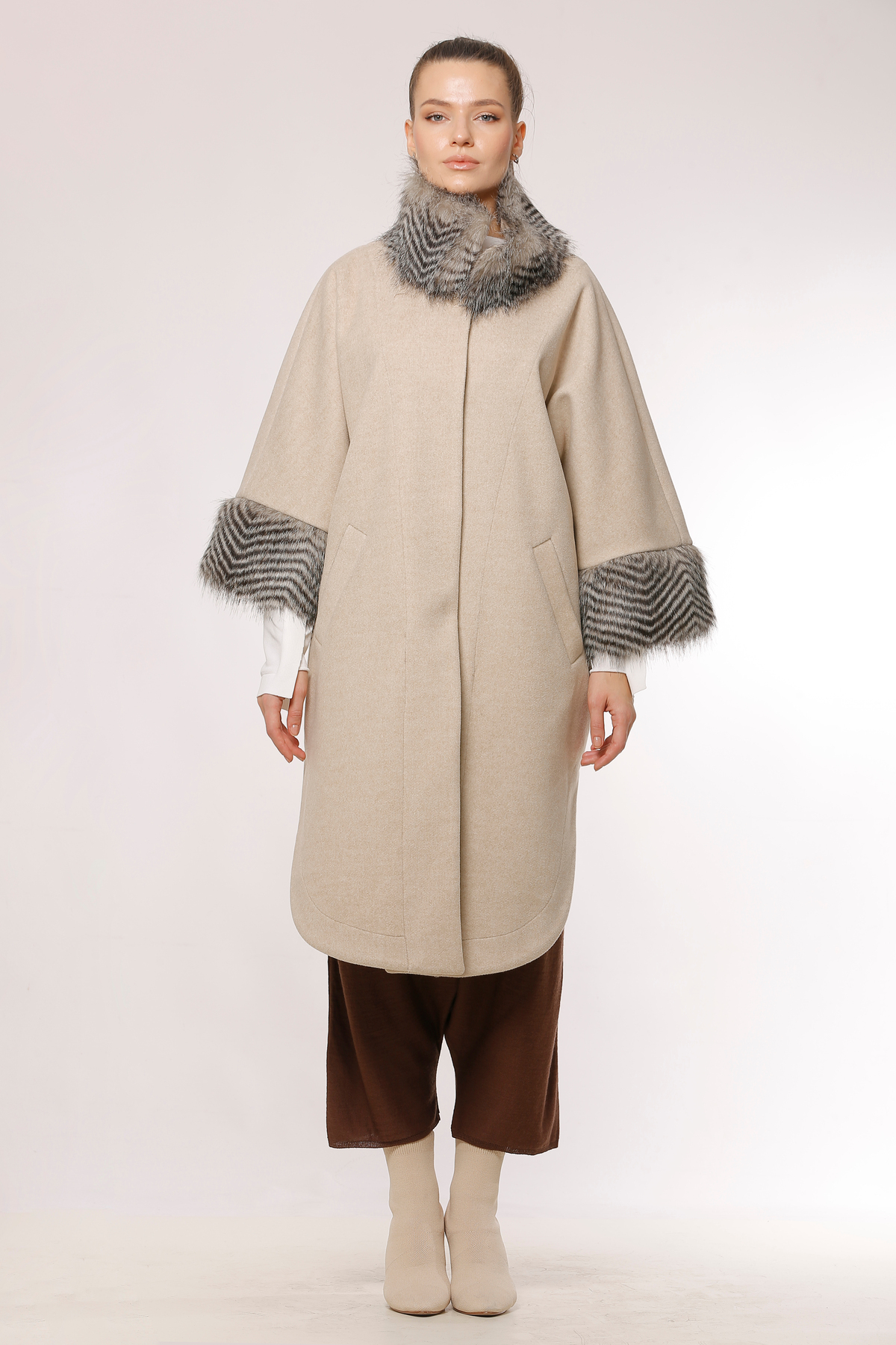 Sleeved Fur Poncho Coat - Light Beige