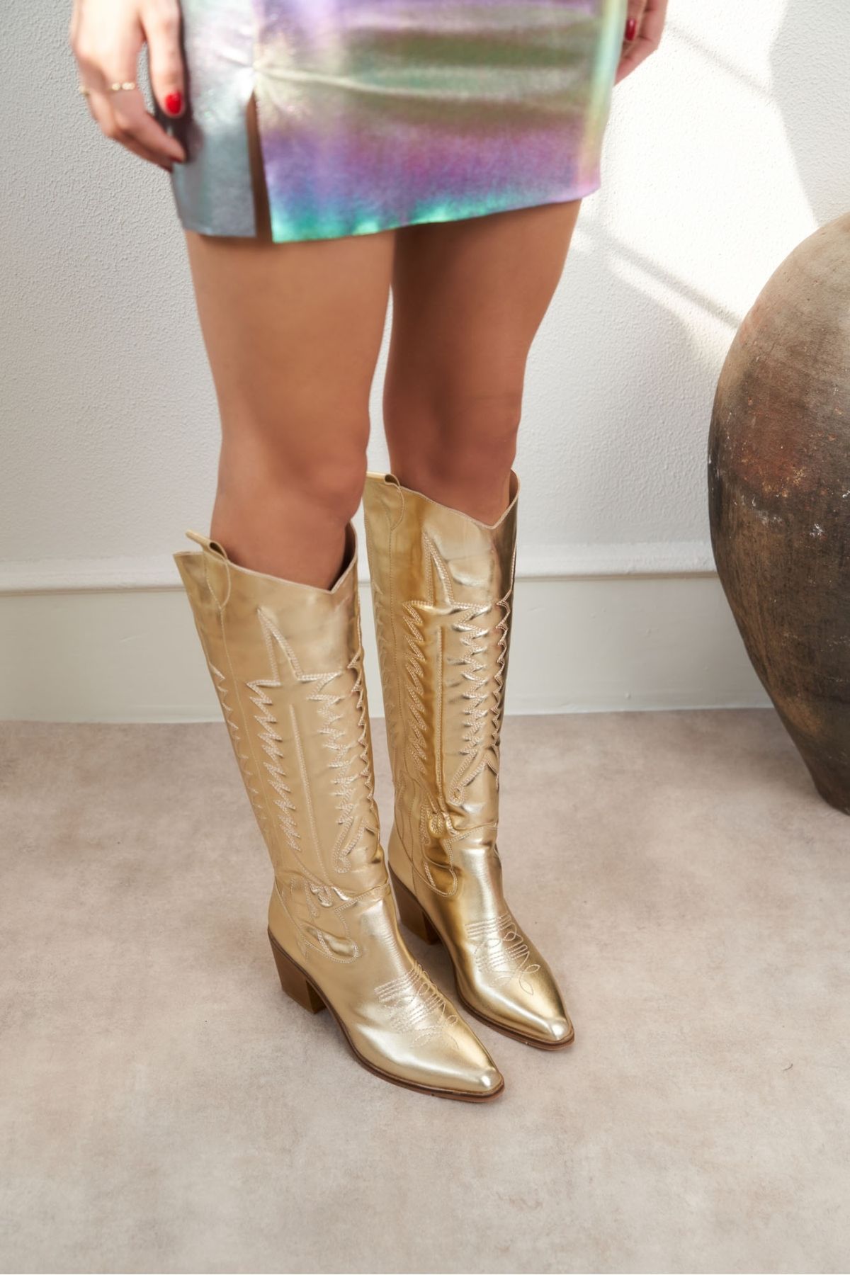 Gold knee high boots discount