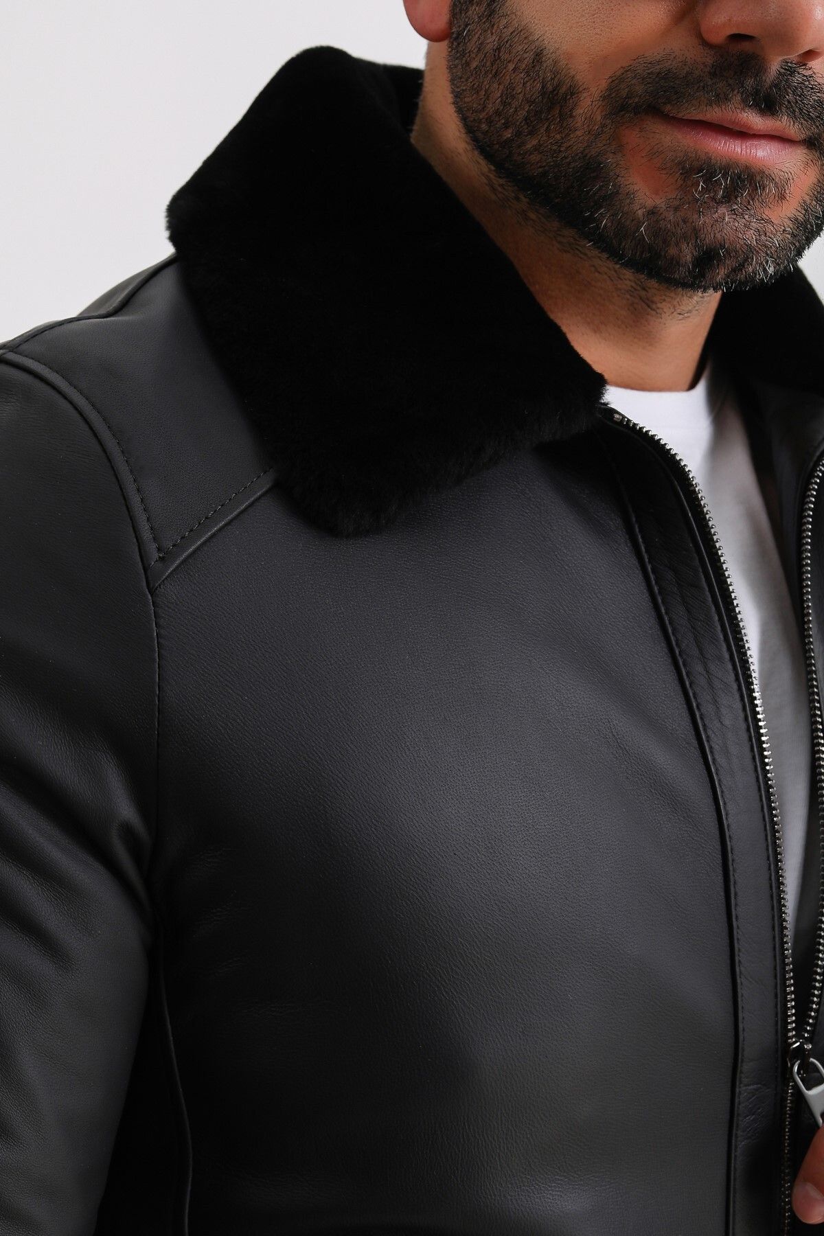 Leather Club-Taffeta Leather Jacket with Black Fur Accessories 6