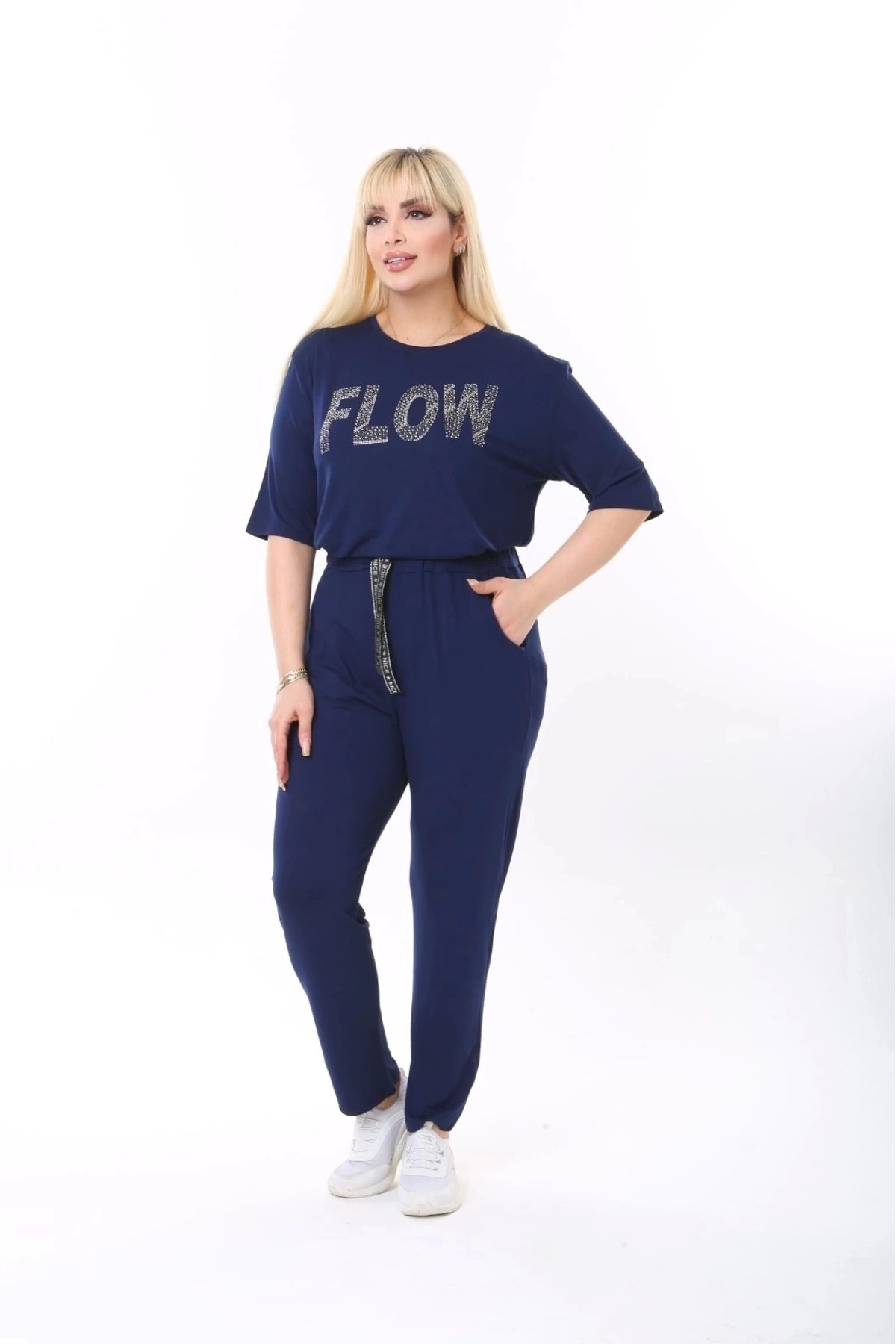 ModaSehle Women s Navy Blue Summer Stone Tracksuit Set Trendyol