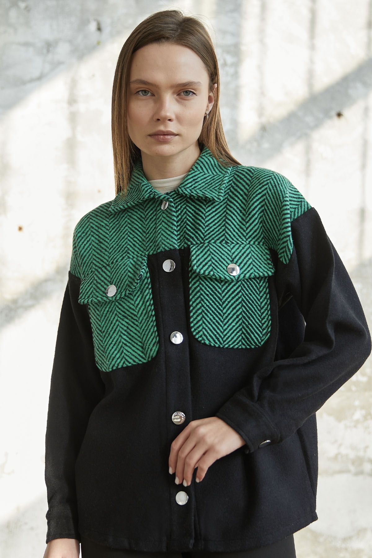 InStyle Jachetă Caju Cu Buzunar Cu Model În Oase De Pește - Verde Femeie - M