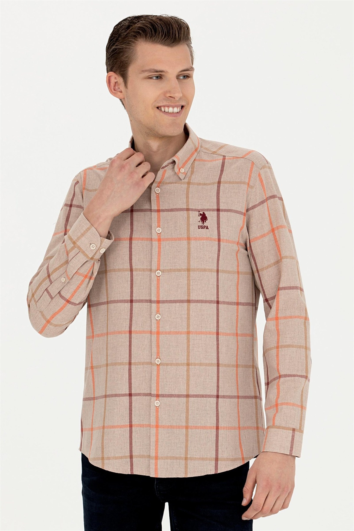 یو اس پولو پیراهن مردانه، پیراهن آستین بلند طرح‌دار سنگی، ELIFSU BUTIKHOME