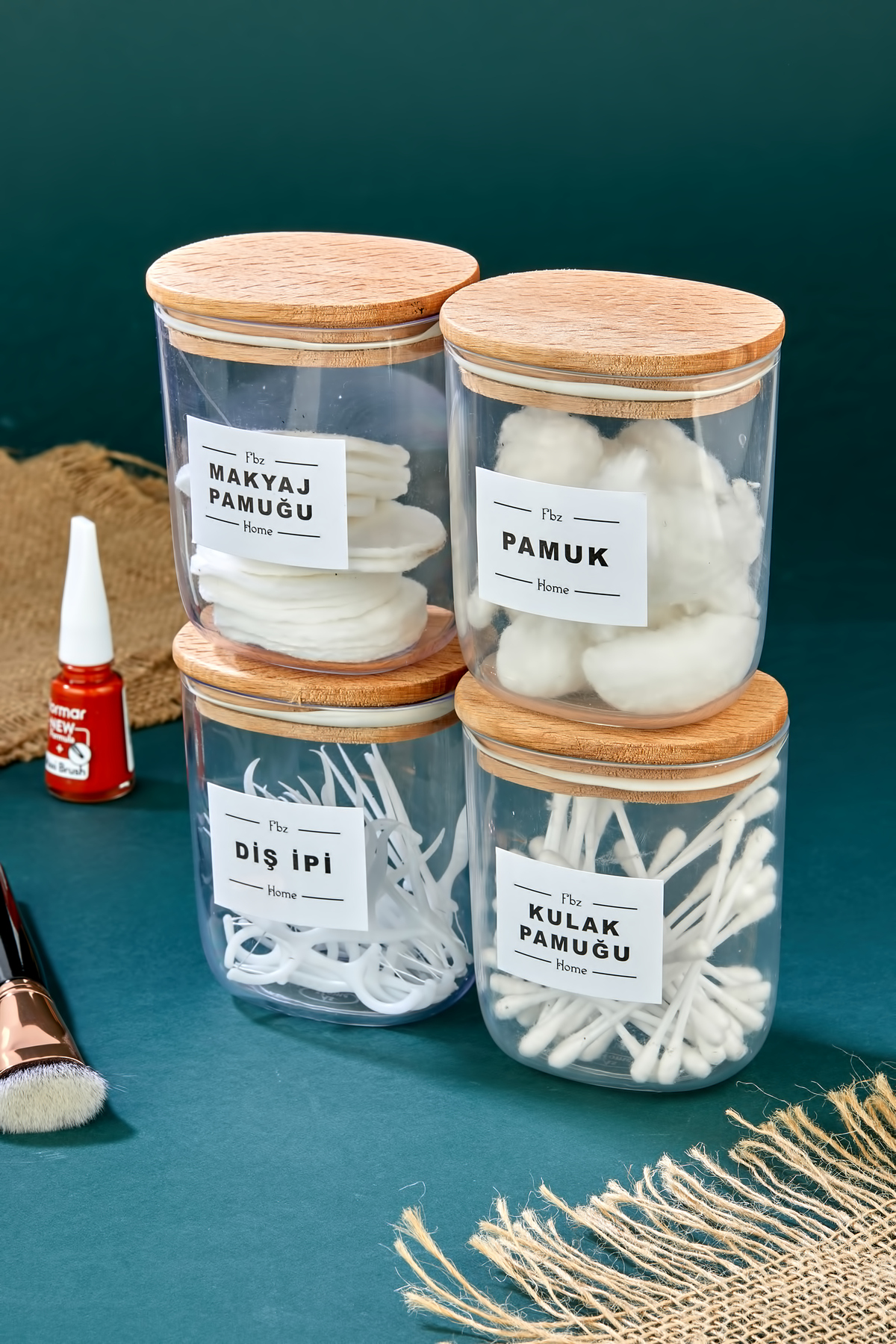 4pcs Wooden Lid Ear Cotton&Cotton&Makeup Cotton&Tooth Rope Storage Box 400ml Acrylic Set