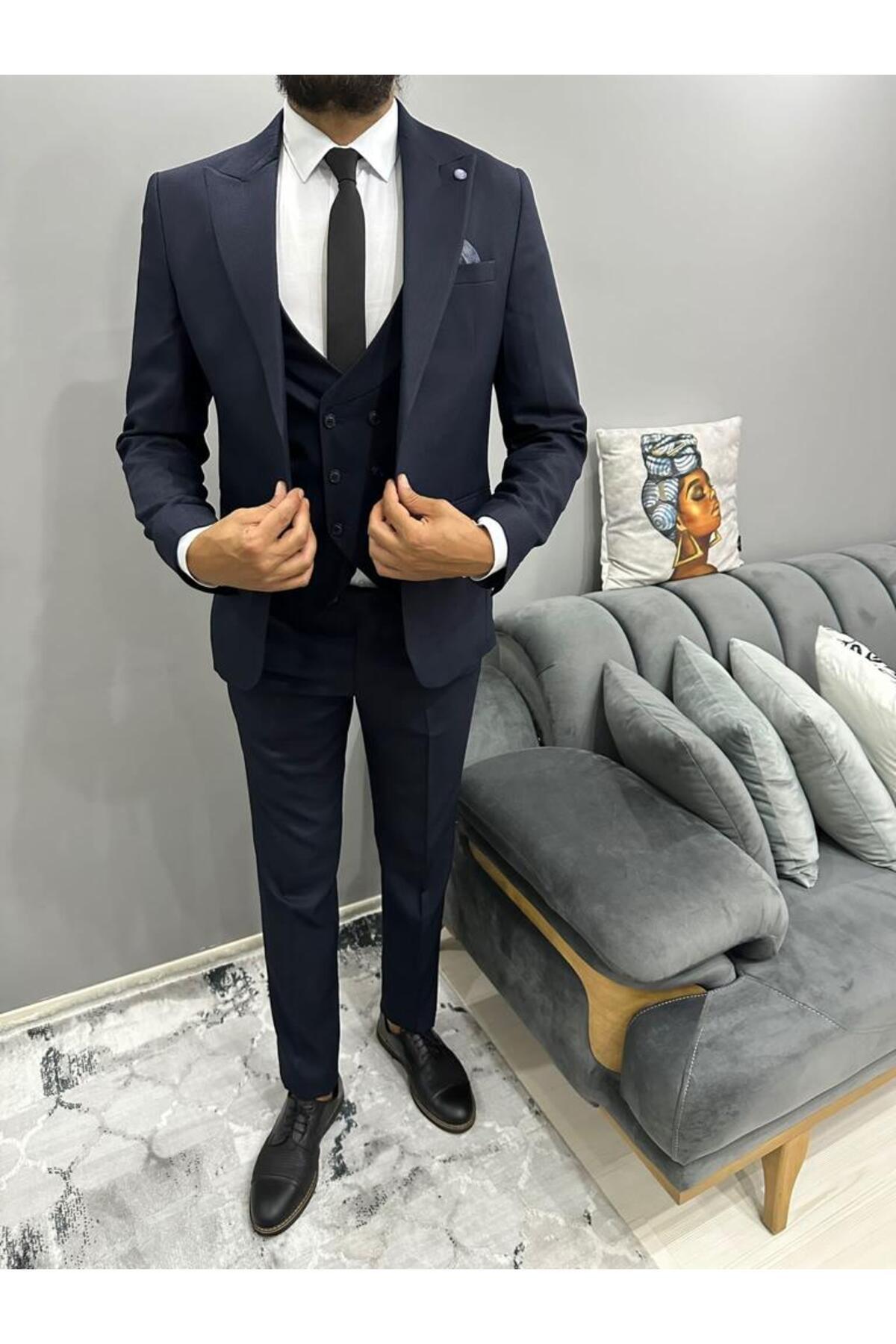 MISTER MR.PAPYON FASHION Erkek Yelekli Takım Elbise Lacivert 50 Beden Zincir Ve Kravat Hediyeli