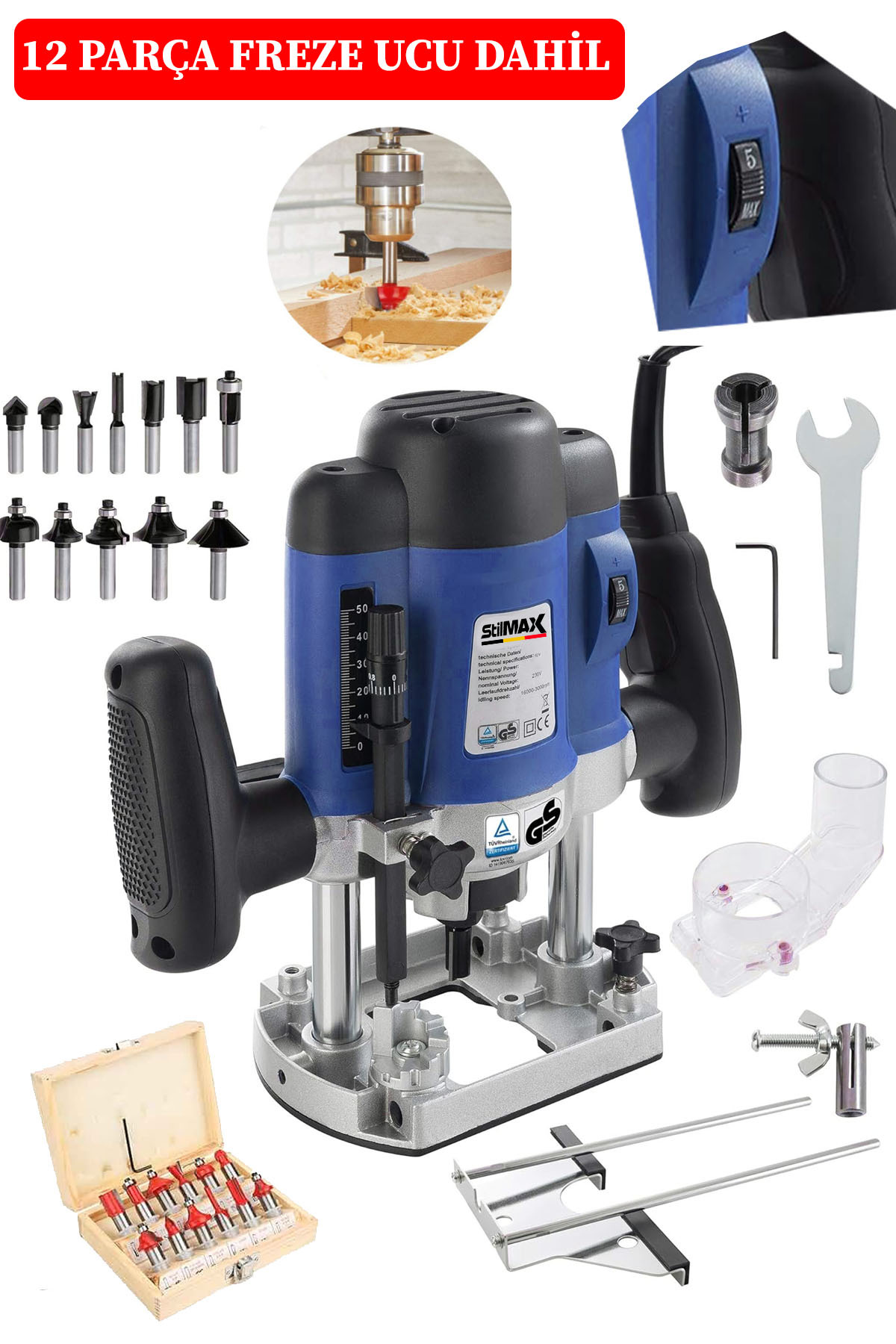 Germany 4000W 6-Stage Speed Adjustable Vertical Double Arm Wood Milling Machine 12Pcs Milling Tips With Gift