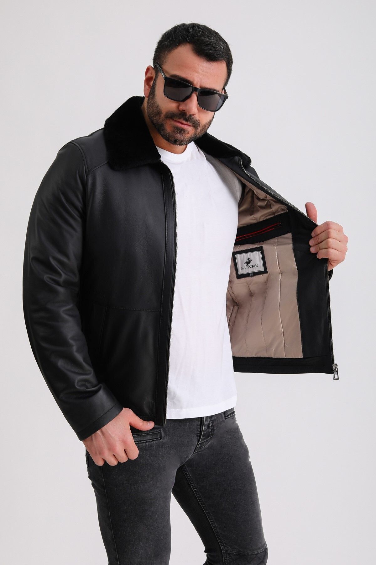 Leather Club-Taffeta Leather Jacket with Black Fur Accessories 4