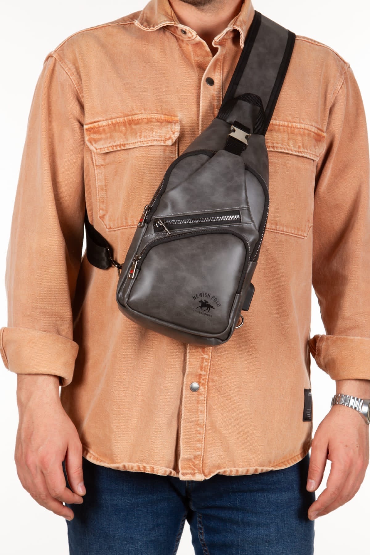 Newish Polo  Unısex Yıkama Deri Usb Kulaklık Çıkışlı Çapraz Askılı Omuz Göğüs Ve Spor Günlük Sırt Seyahat Çanta.