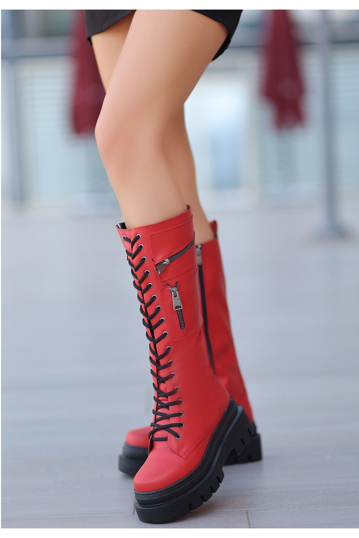 Red knee deals high combat boots