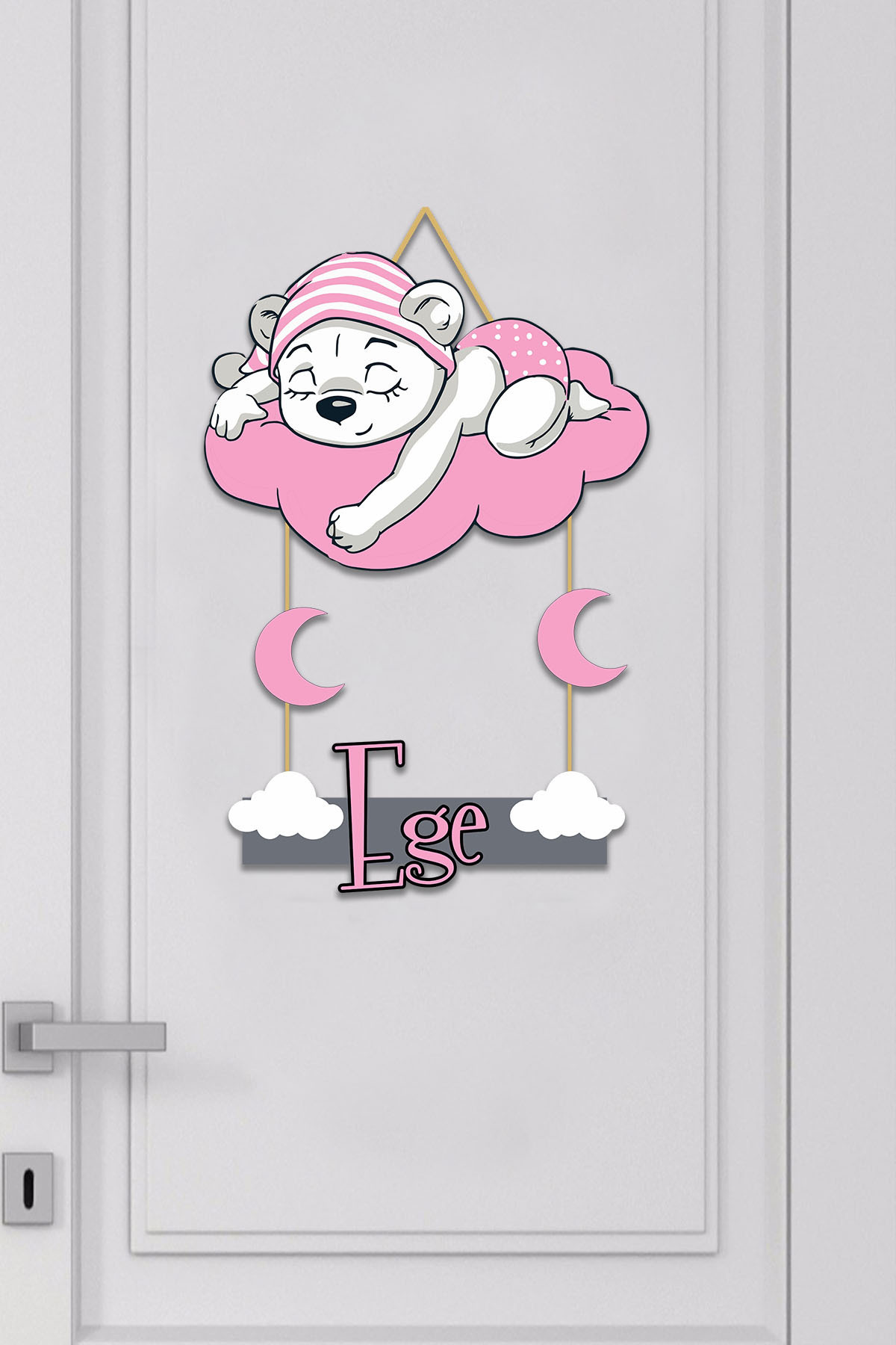 Custom Baby Room Wooden Door Ornament (Cloud & Bear) PINK