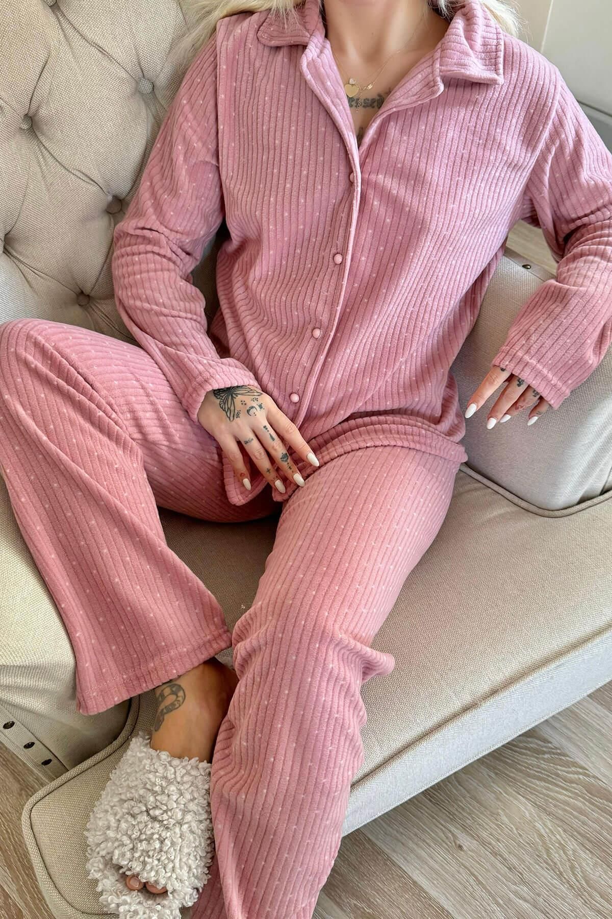 Pijamaevi-Pink Punt Patterned Front Buttoned Plush Fleece Pajama Set 5