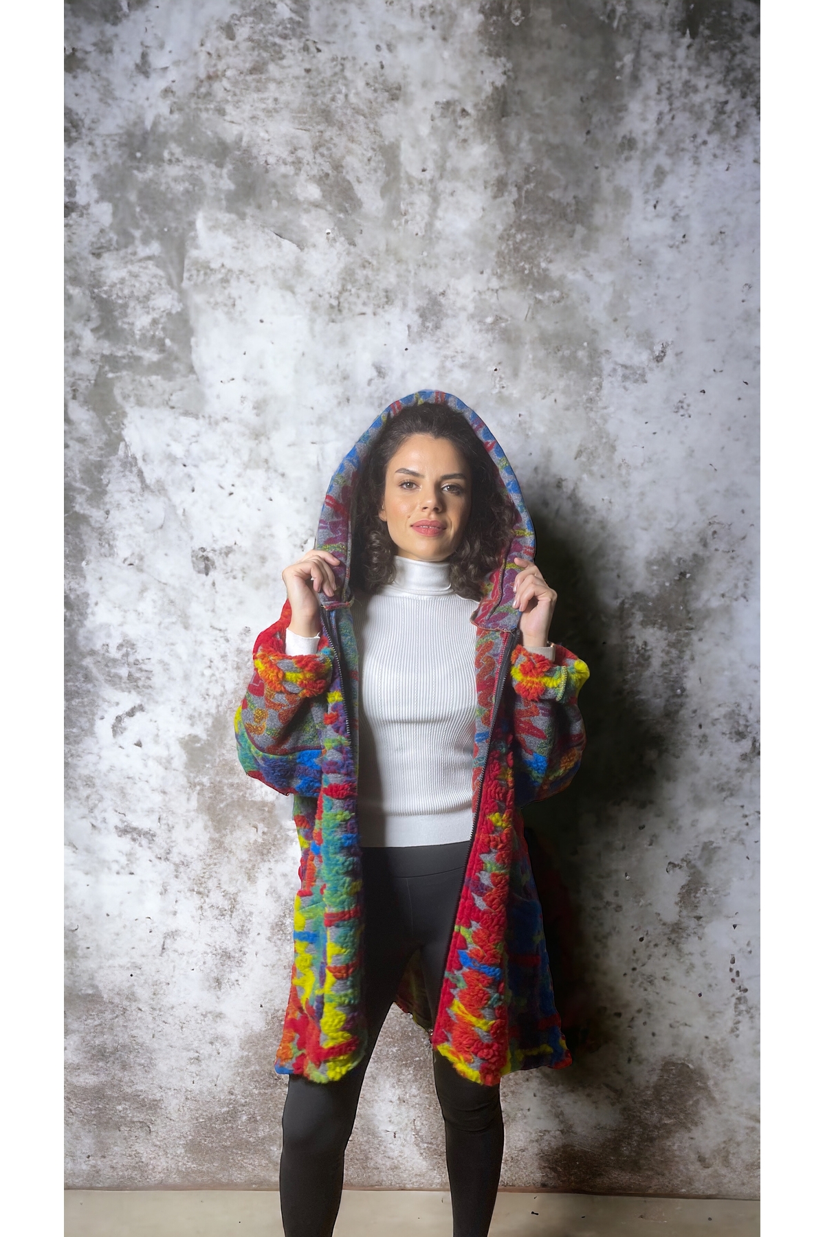 Multicolored Italian felt coat with hood