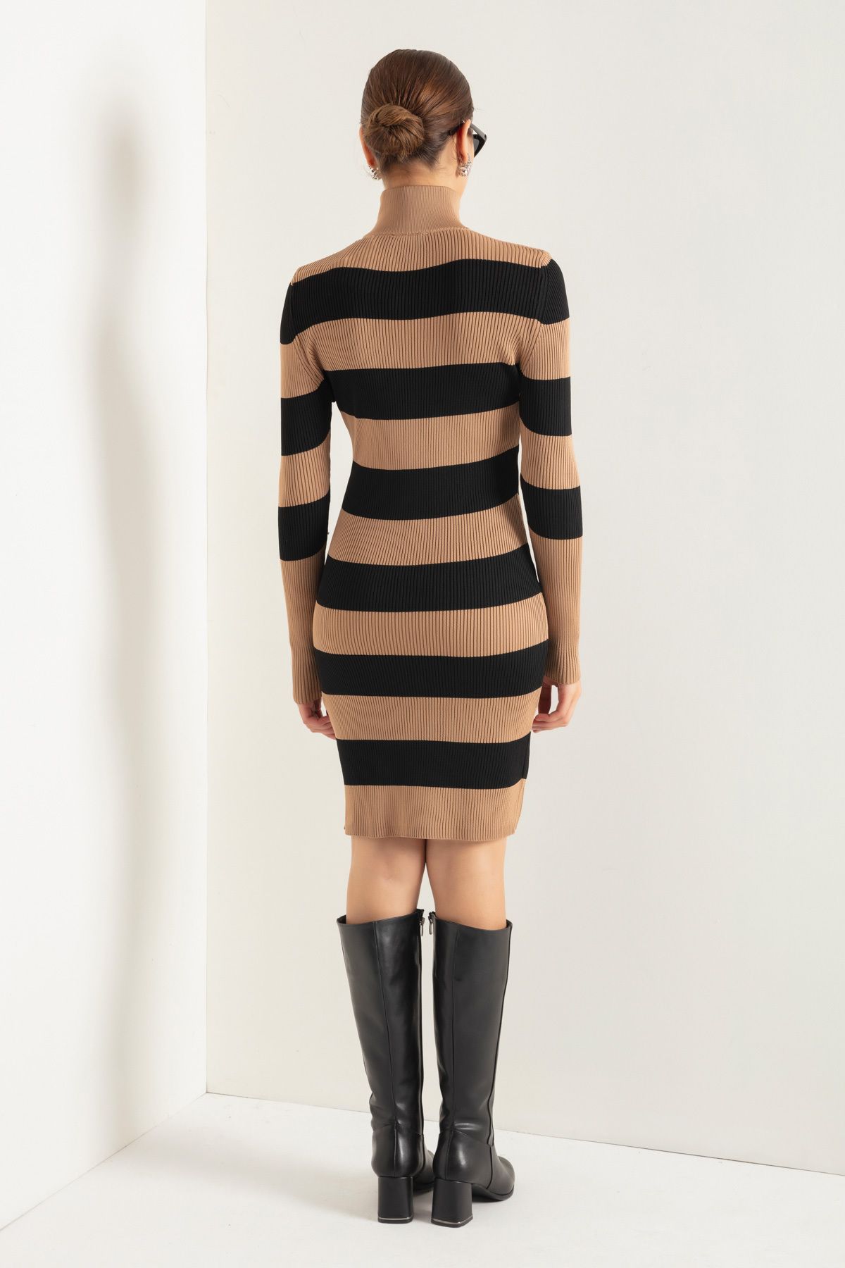 Lafaba Women s Tan Turtleneck Striped Knitwear Dress Trendyol