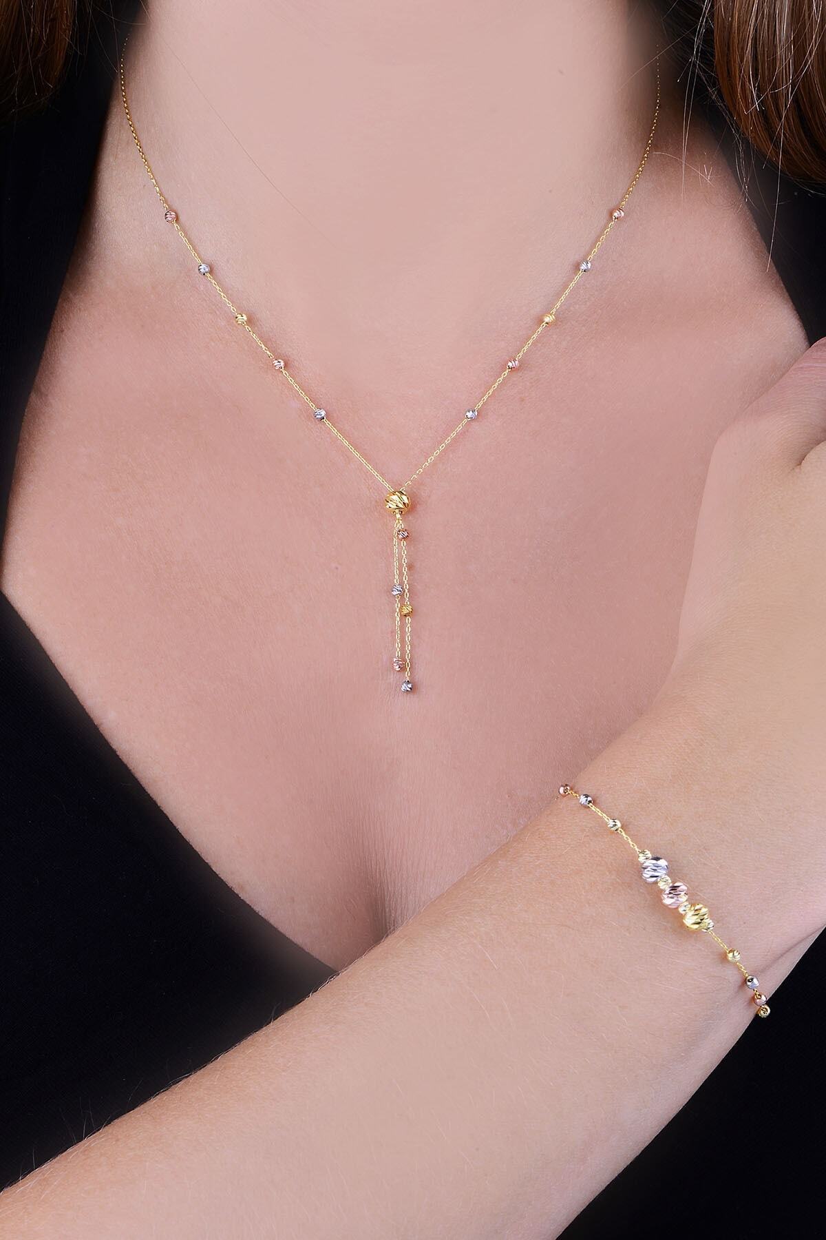 Sinsirella 925 Ayar Gümüş Üç Renk Dorika Toplu Kolye Bileklik Set