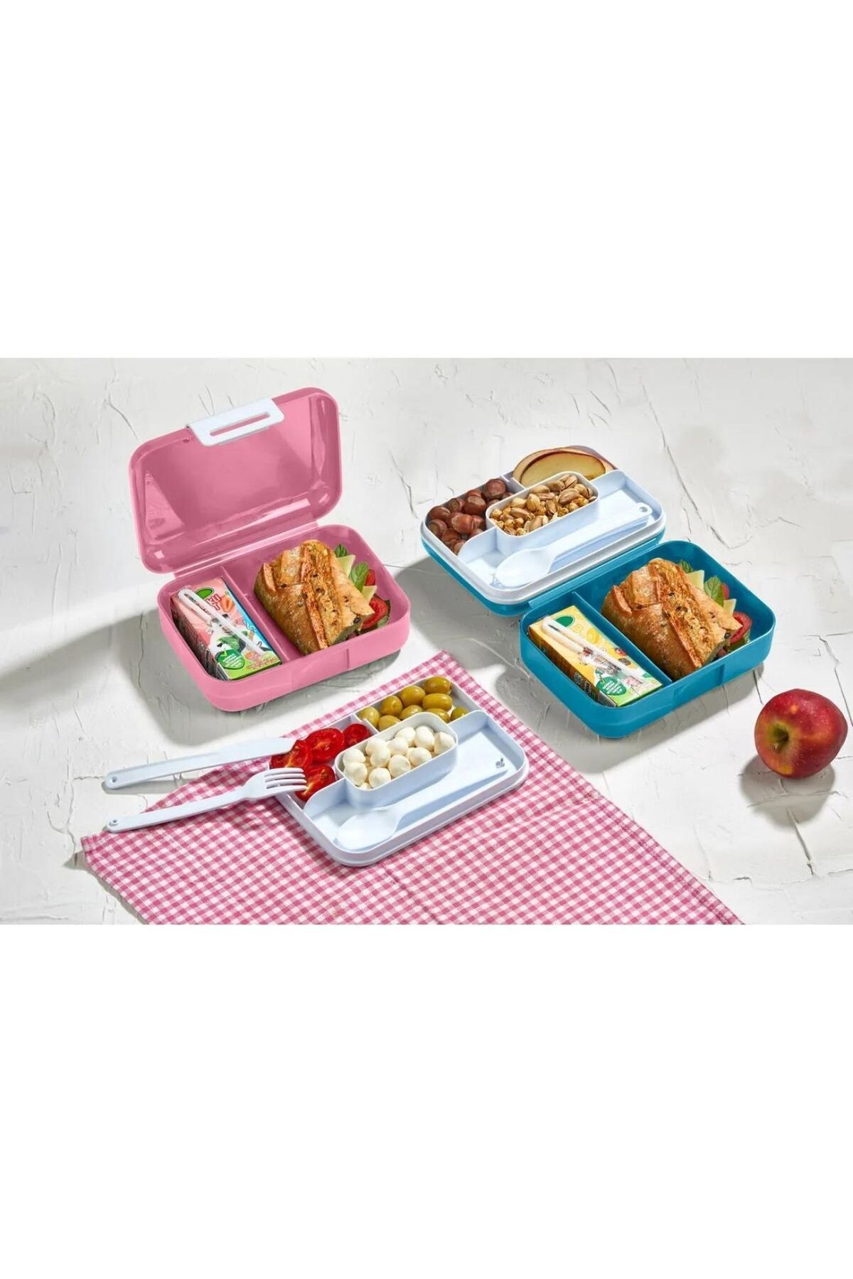Vagonlife-(SET OF 2) Lunch Box Double Layer Bottom Chamber Two Compartments Food Storage Container Fork Spoon Knife Set 4