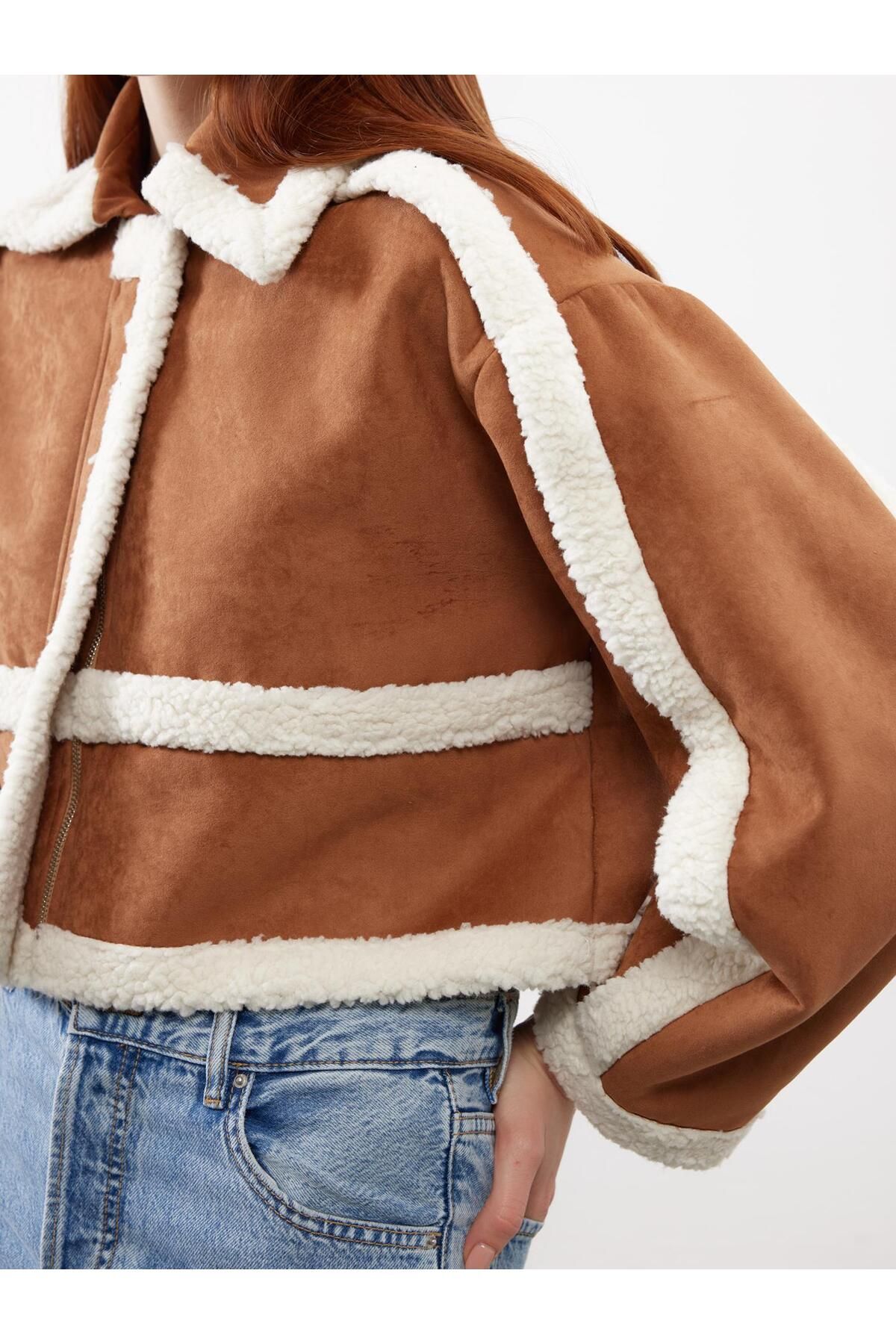 Juste Furry Suede Crop Jacket Tan Trendyol