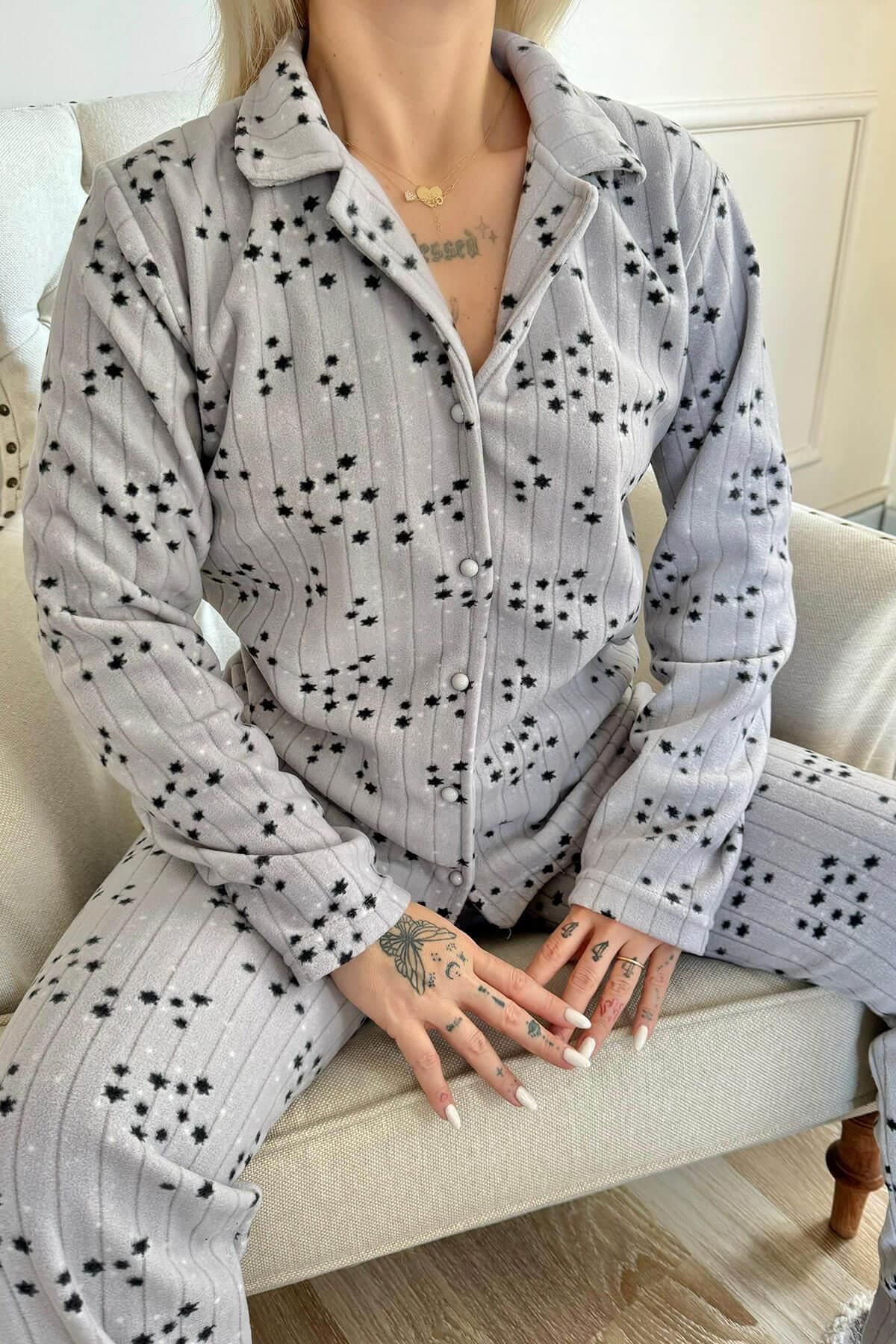 Pijamaevi-Gray Black Poolster Patterned Front Buttoned Plush Fleece Pajama Set 5