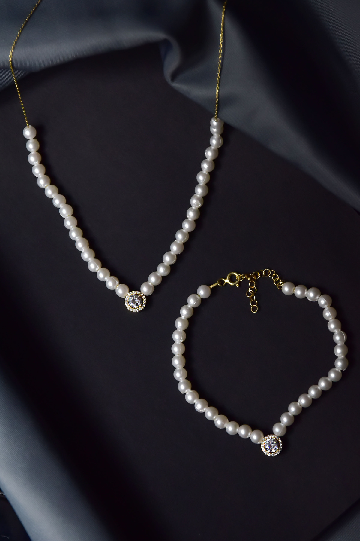 Sinsirella 925 Ayar Gümüş Gold Kaplama Tek Taşlı, Incili Kolye Ve Bileklik Set