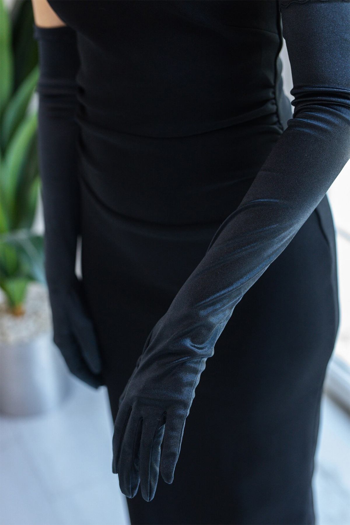 Hayalperest boncuk  Uzun Gelin Eldiveni Saten Düğün Kostüm Eldiveni Opera ve Balo İçin Saten Eldiven Siyah - Görsel 4