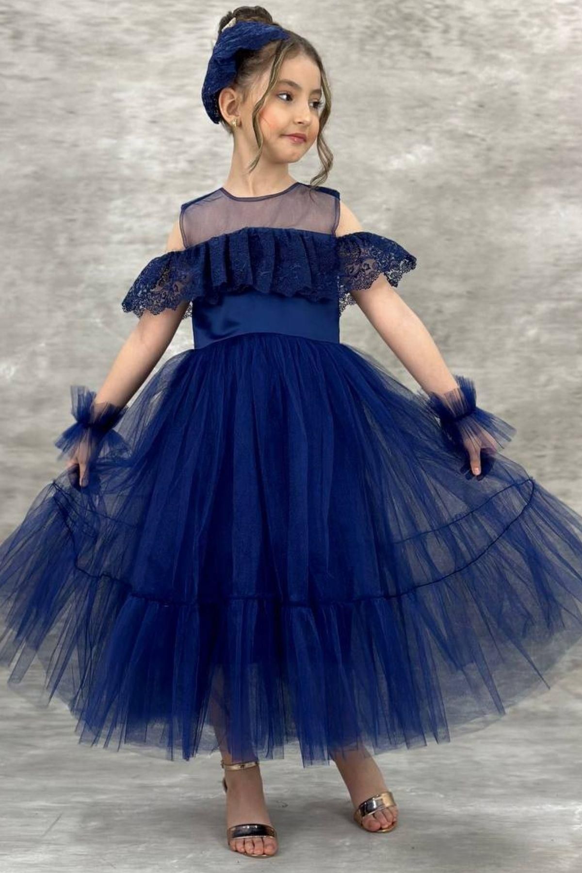 Riccotarz Girl s Navy Blue Evening Dress with Transparent Collar Off the Shoulder Guipure Embroidered Chest and Sleeves