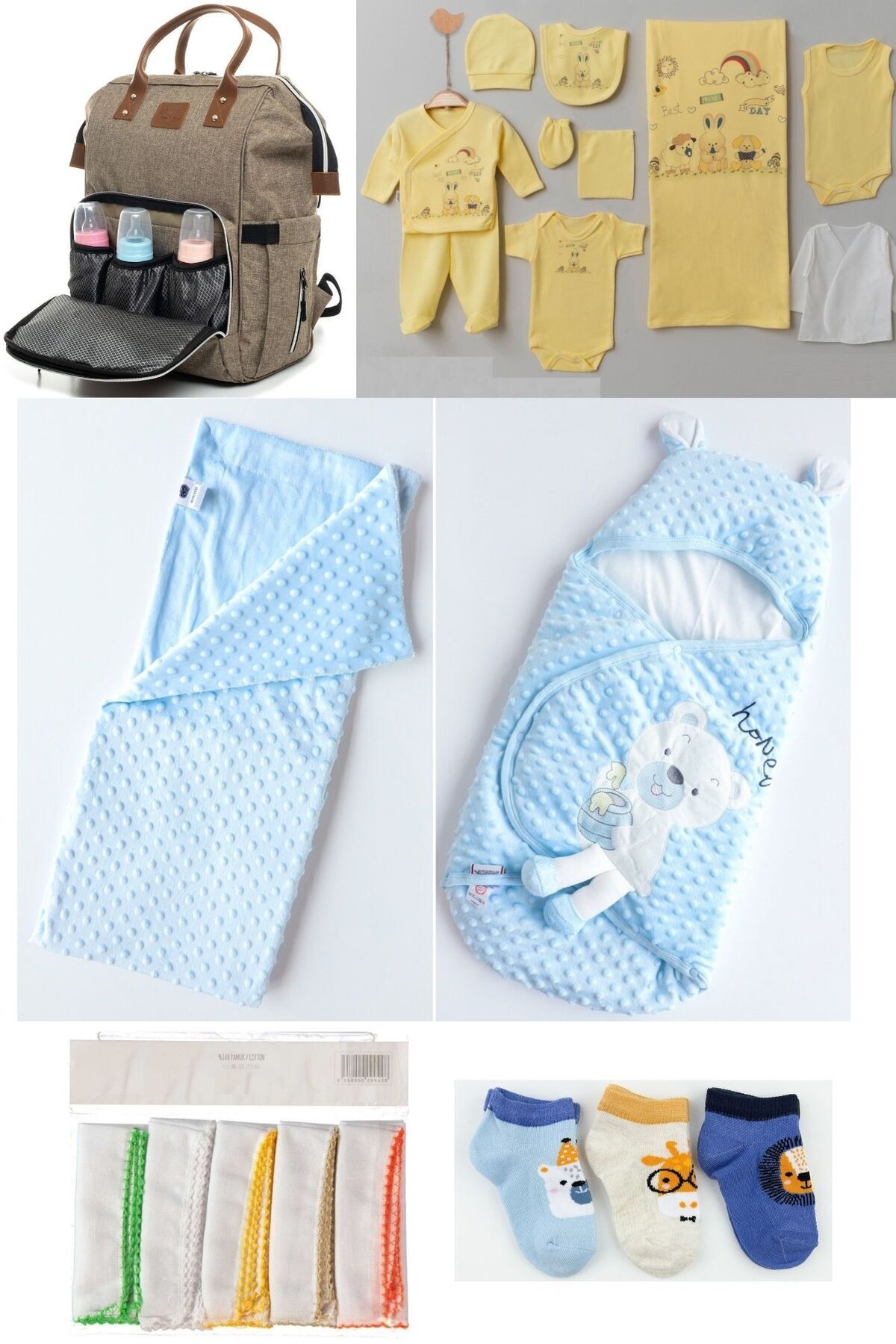 6-PIECE CUTE BEARS BIRTH SET(10-PIECE HOSPITAL EXIT,BABY BAG,SWADDLE,BLANKET,HANDKERCHIEF AND SOCKS SET)