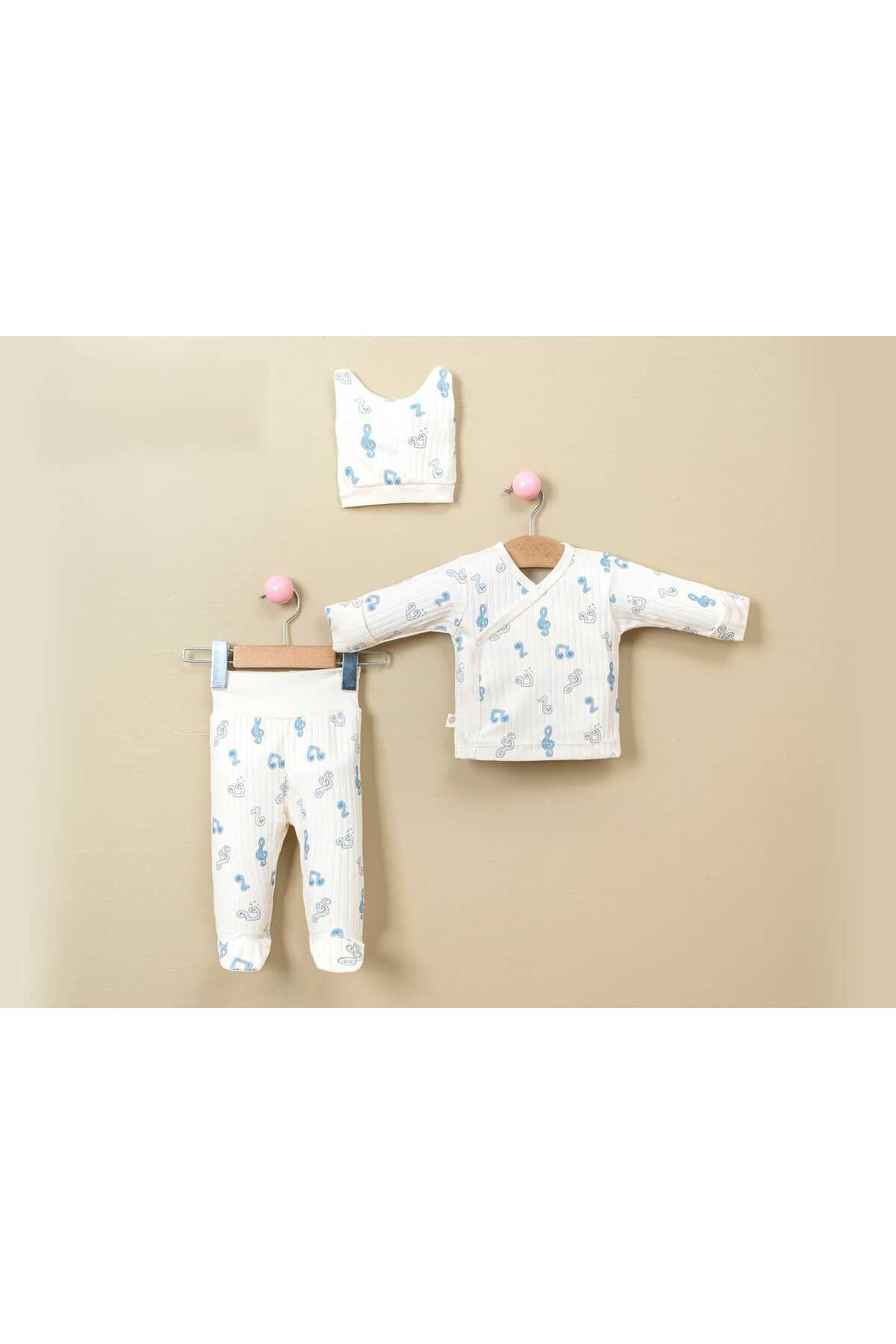 ORGANIC COTTON NOTE PRINTED SELF GLOVED 3 PIECE BODYSUIT