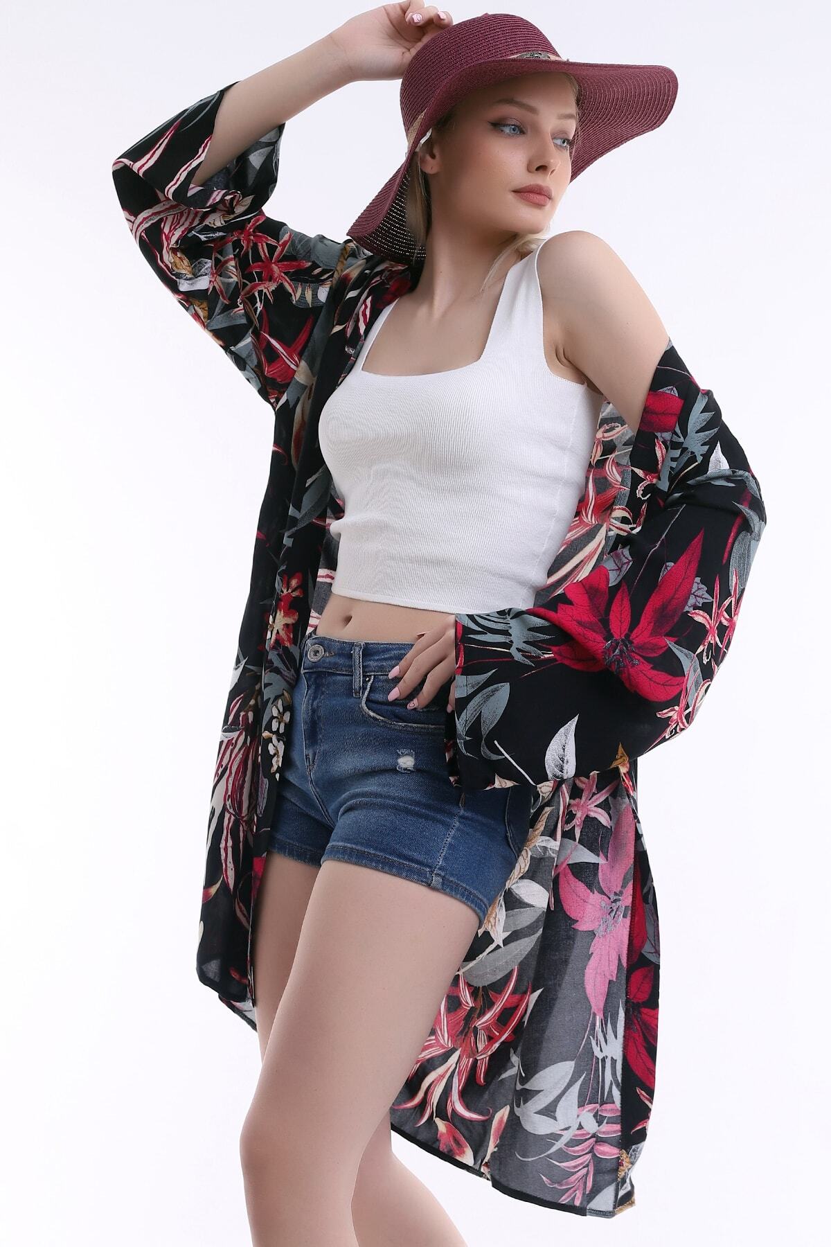 Floral Çiçek Desenli Kimono - Siyah