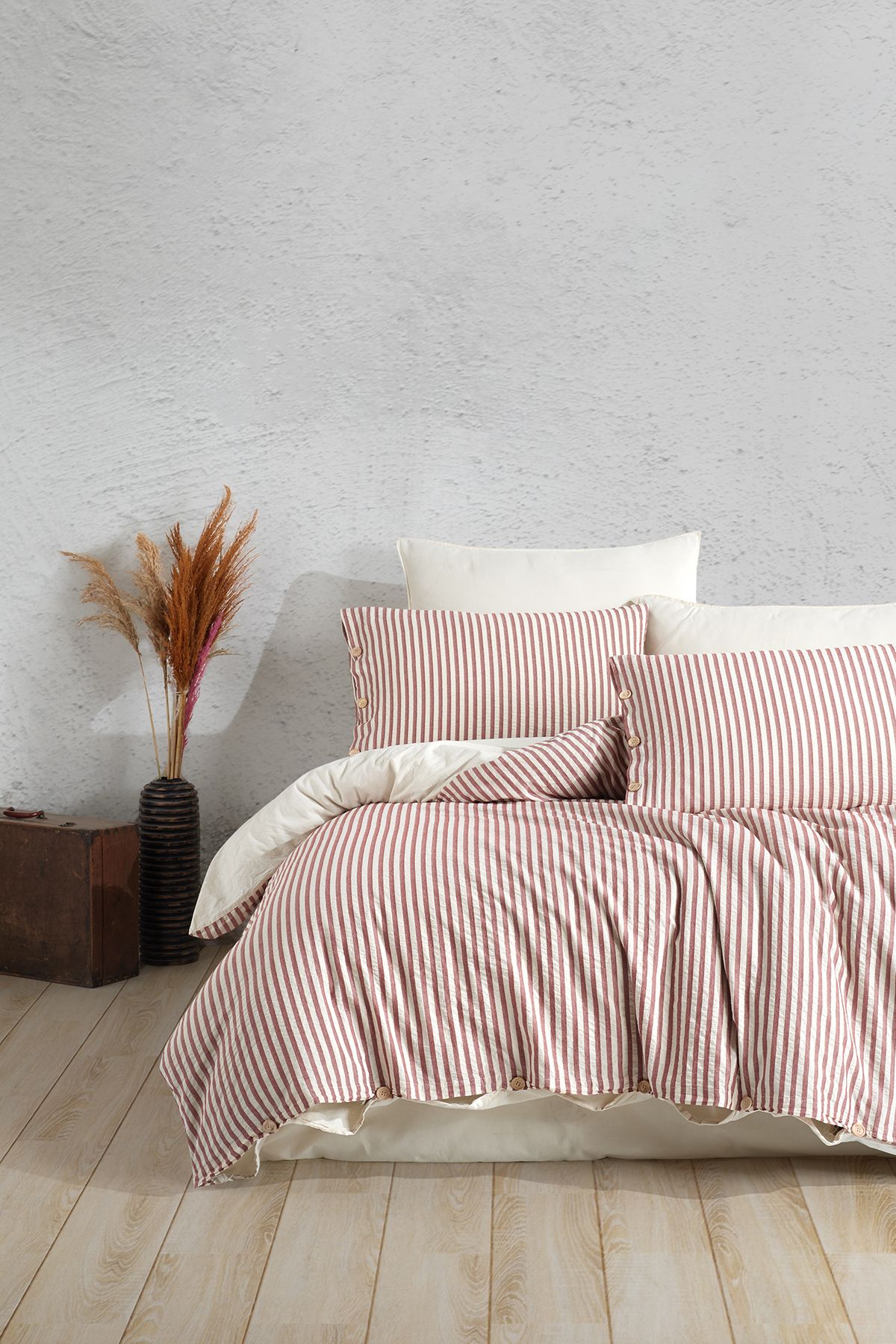 Macas Home-فرصة الكرز 100% غزل القطن مصبوغ غسلها طقم سرير فردي كريم 160*220 2