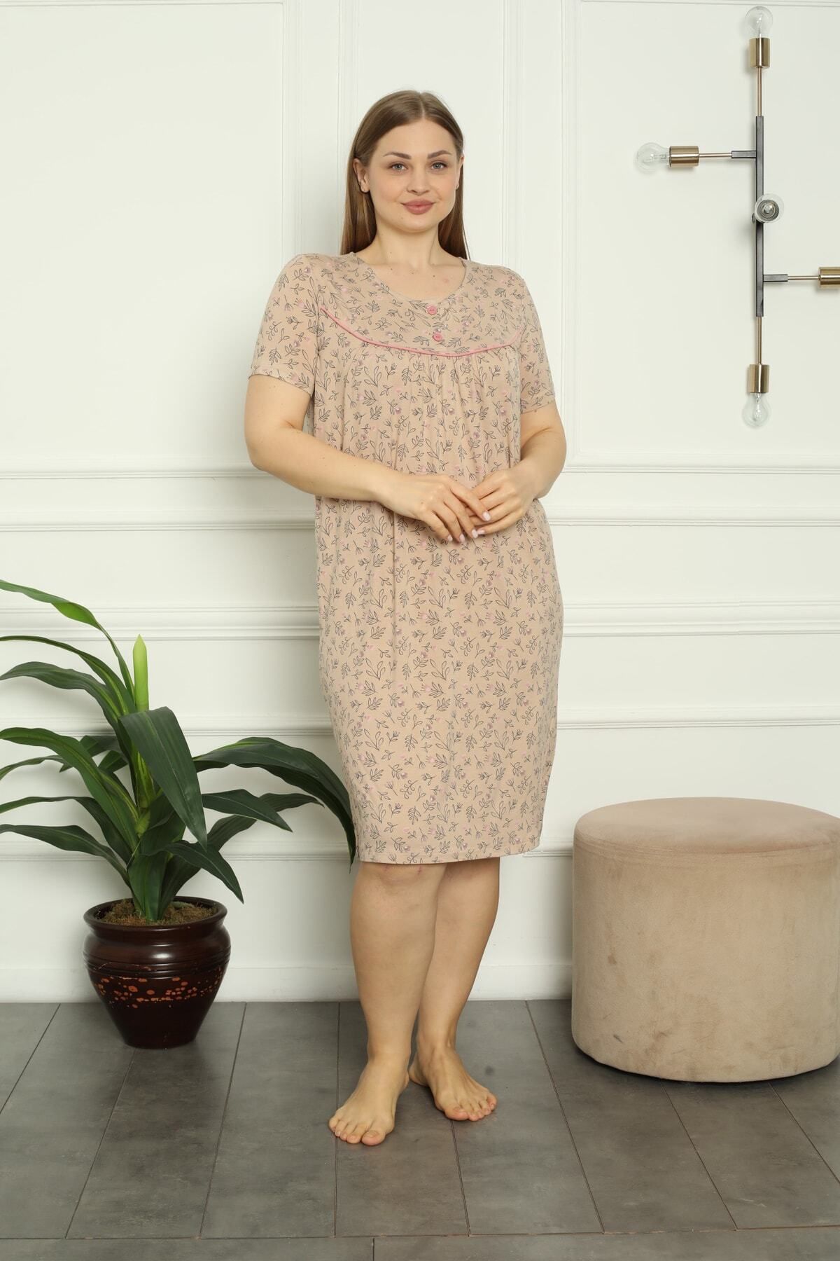 Lagertha by İntensive-Patterned Buttoned Piping Short Sleeve Lycra Viscose Large Size Nightgown 2