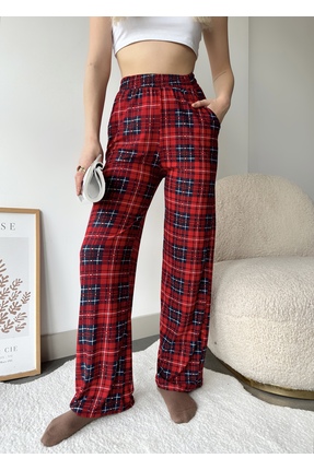schlank Kadın Kırmızı Pamuklu Ekose Desenli Beli Lastikli Pijama Altı Eşofman