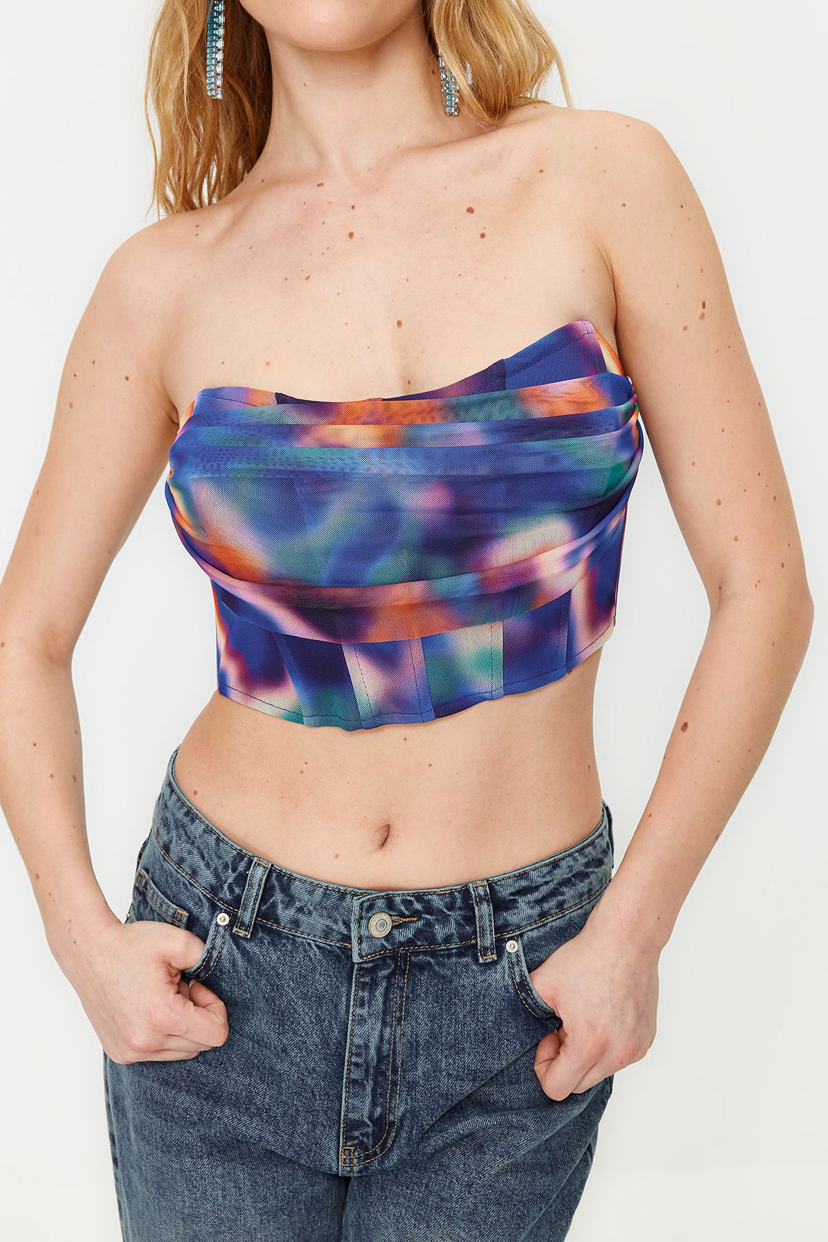 Trendyol Collection-Bustier aus gestricktem Tüll mit buntem Blumenmuster - Blau TPRSS23BS00104 4