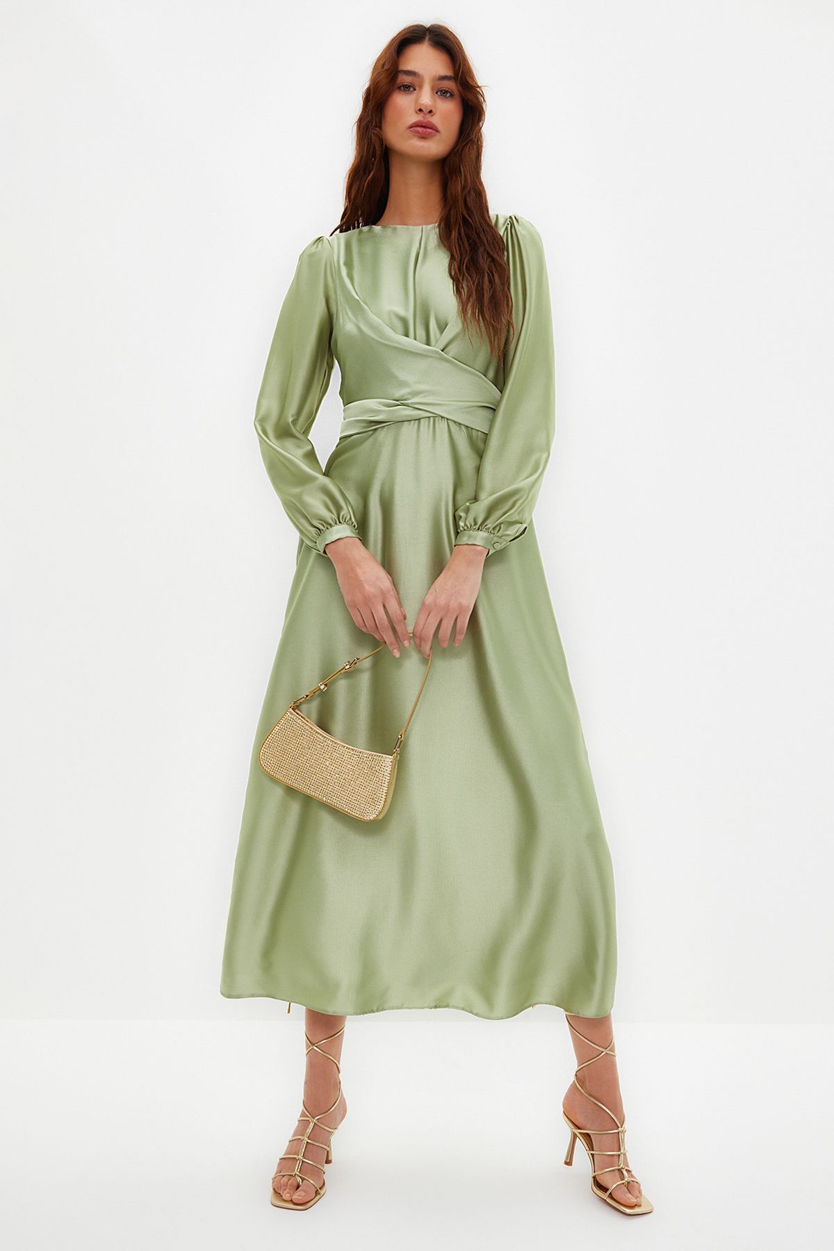 Trendyol Modest-فستان سهرة بتصميم صليب أخضر فاتح ومفصل من الساتان TCTAW22EB0105 2