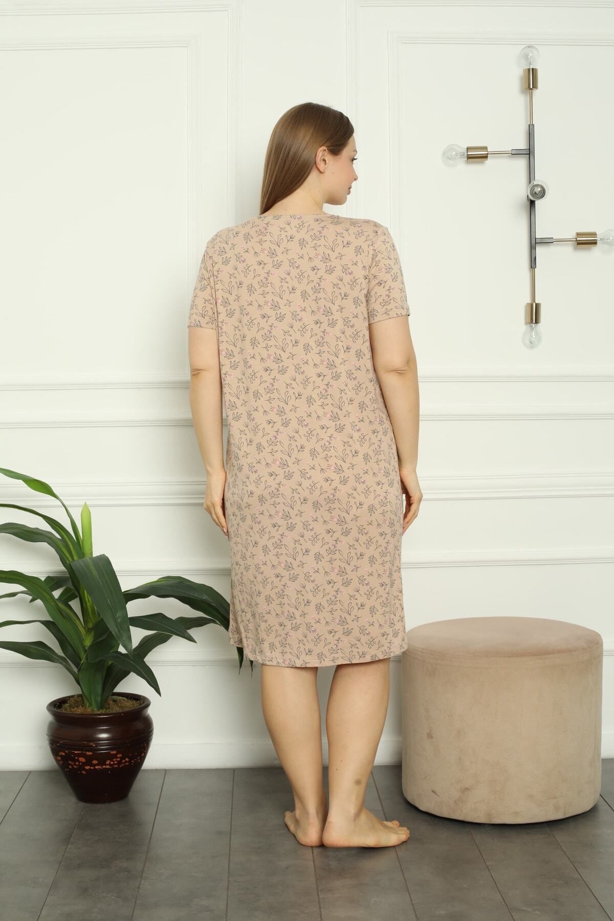 Lagertha by İntensive-Patterned Buttoned Piping Short Sleeve Lycra Viscose Large Size Nightgown 6