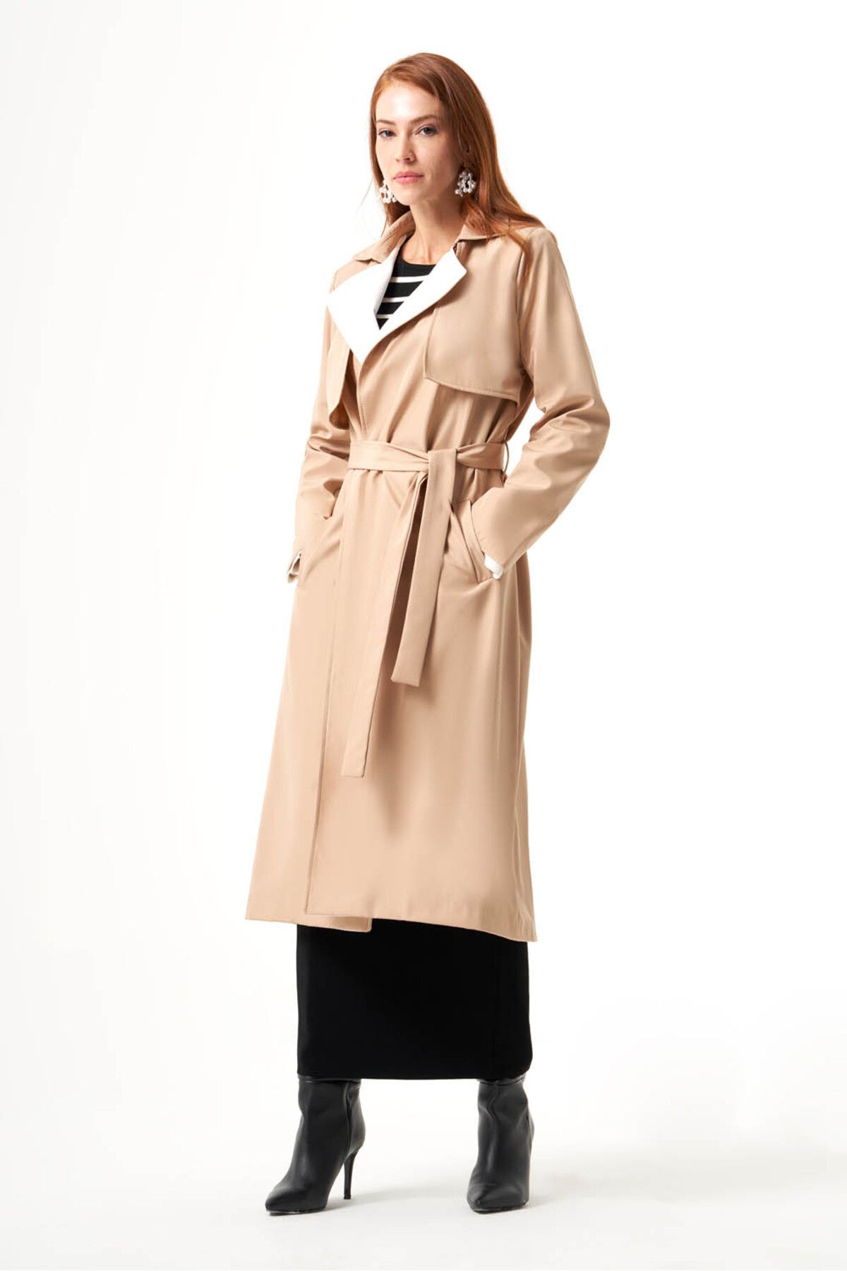 Mizalle Beige Stone Trench Coat with Collar Garnish Trendyol