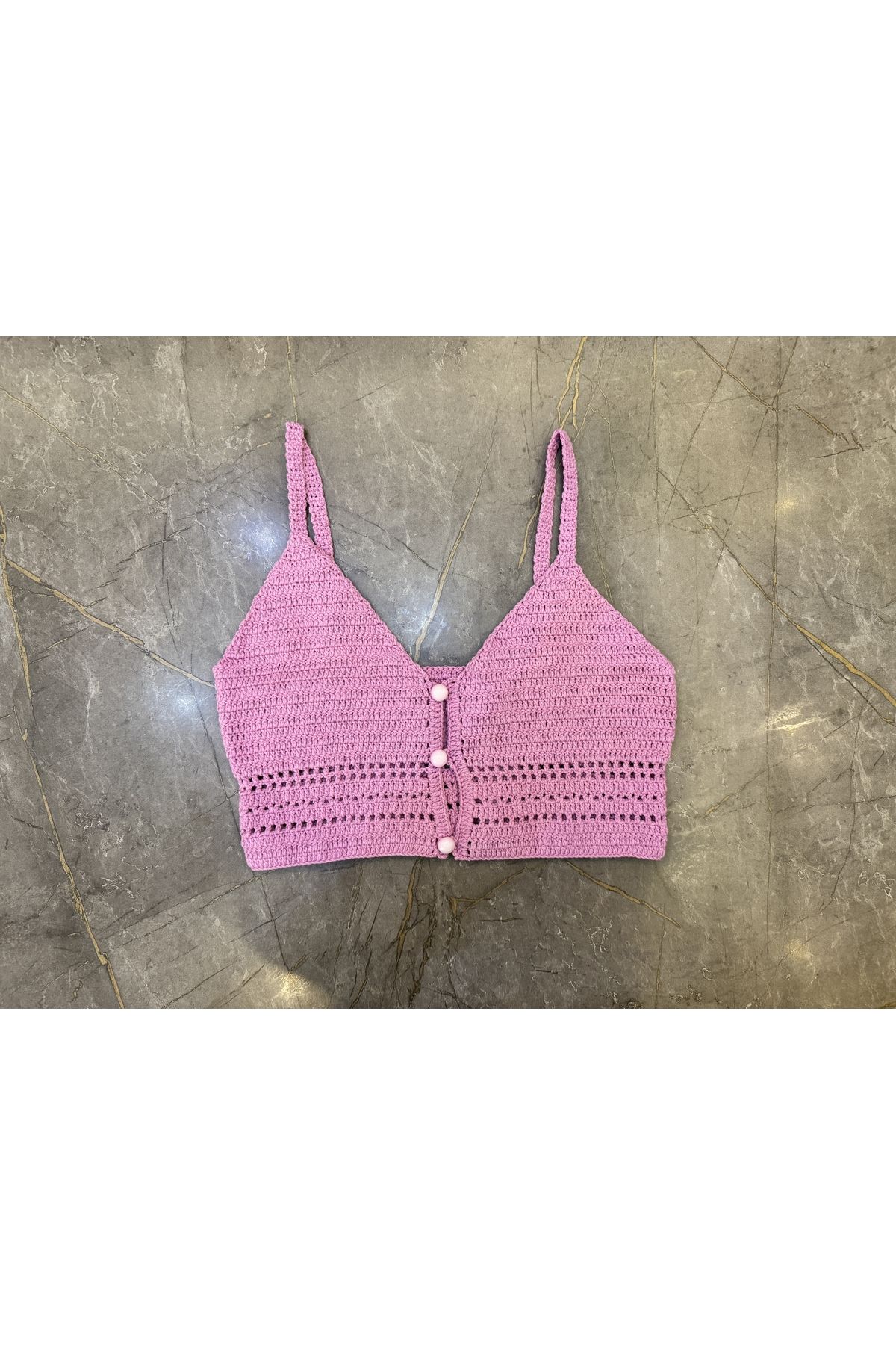 izelticaret El Örgüsü Pembe Askılı Crop Büstiyer