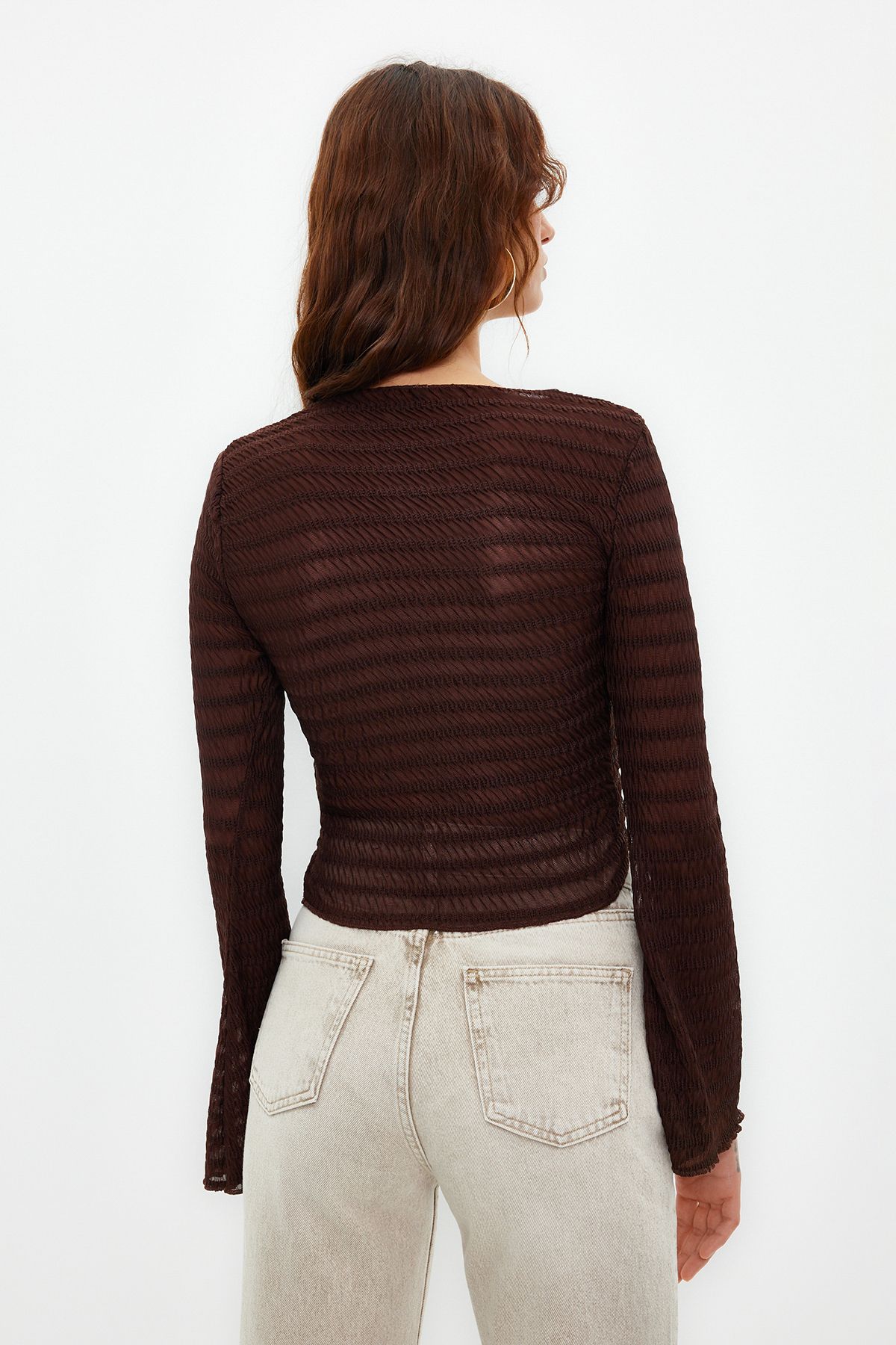 Trendyol Collection-Braune Premium-strukturierte, taillierte, dehnbare Strickbluse mit Bindedetail TWOSS24BZ00015 6