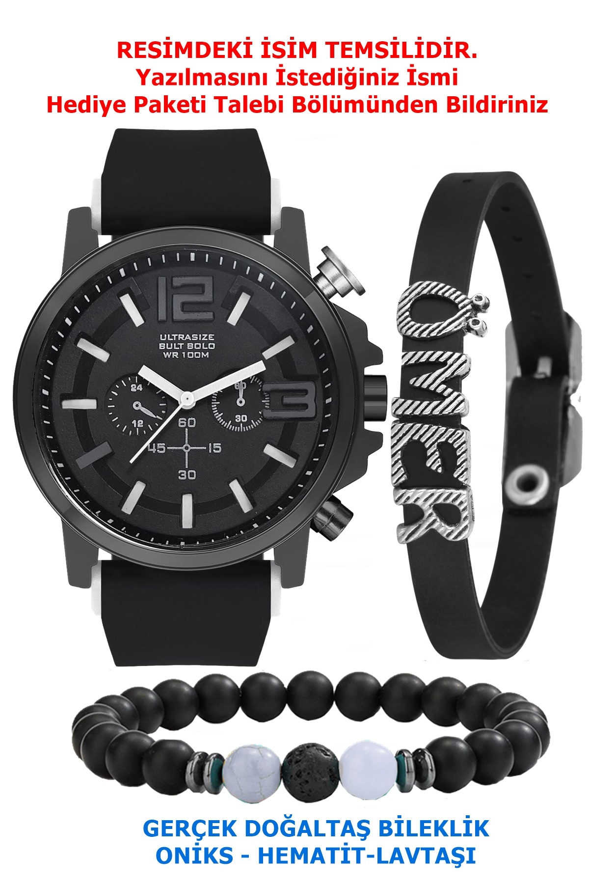 Ct Genç Erkek Kol Saati - İsimli bileklik + Doğaltaş bileklik Set Kombin