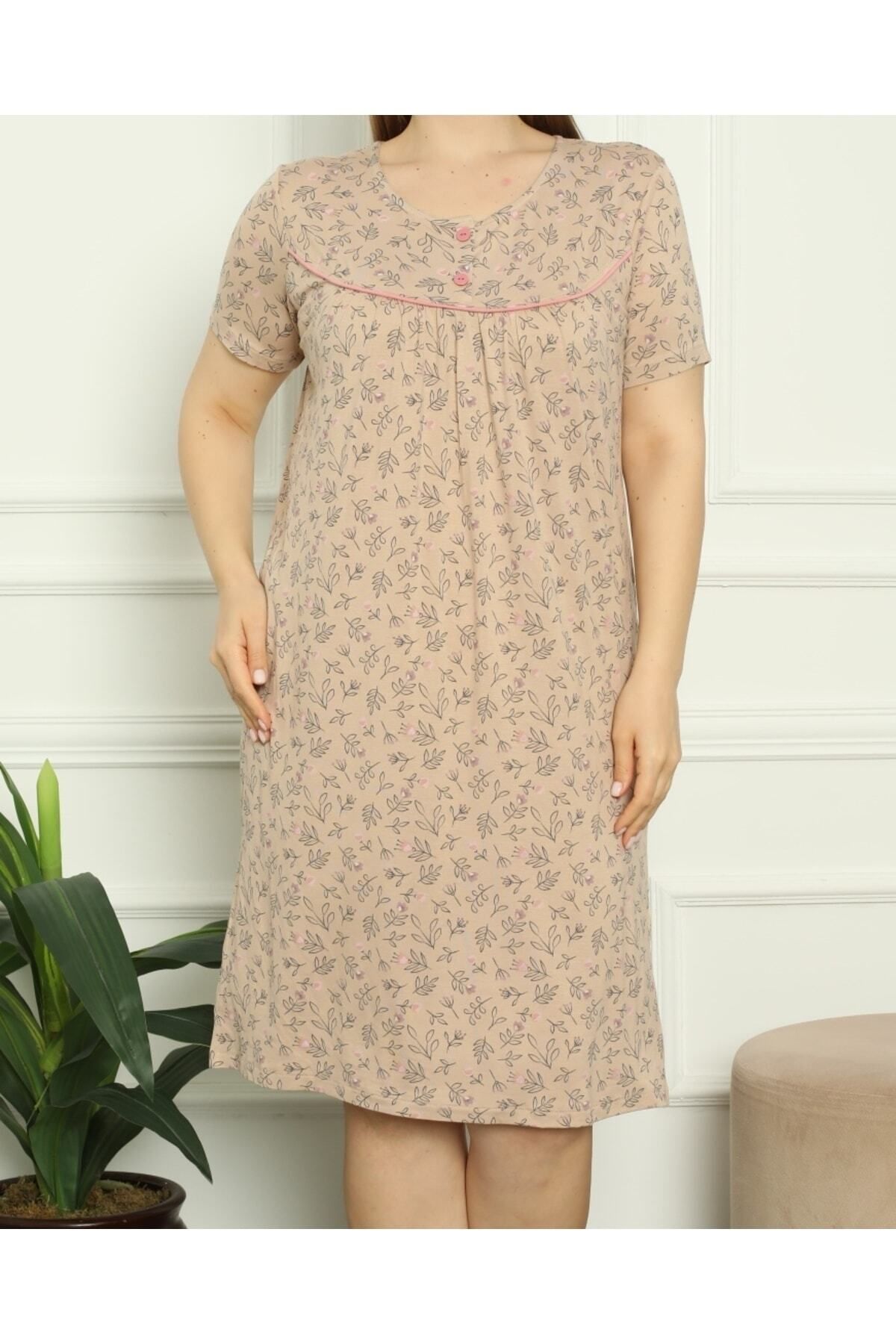 Lagertha by İntensive-Patterned Buttoned Piping Short Sleeve Lycra Viscose Large Size Nightgown 7