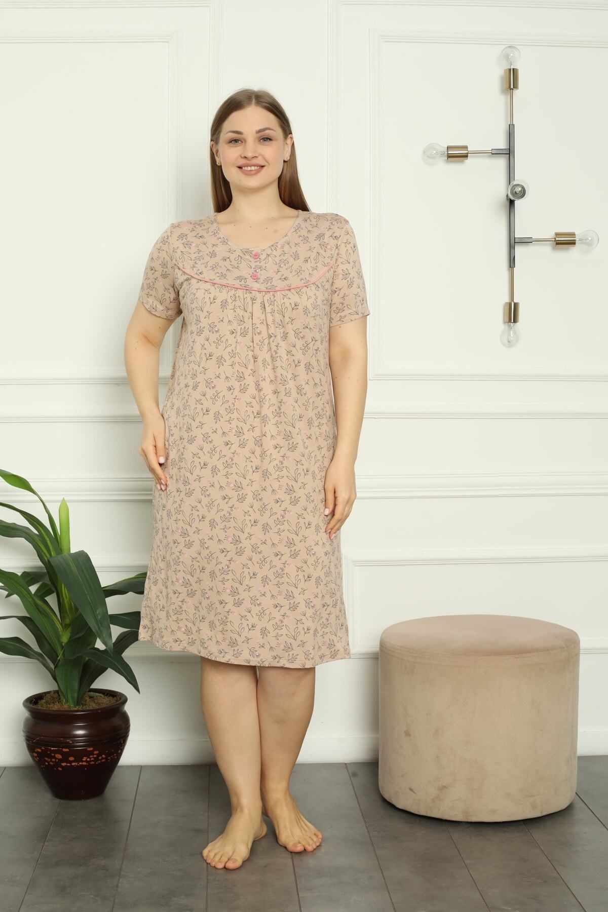 Lagertha by İntensive-Patterned Buttoned Piping Short Sleeve Lycra Viscose Large Size Nightgown 3
