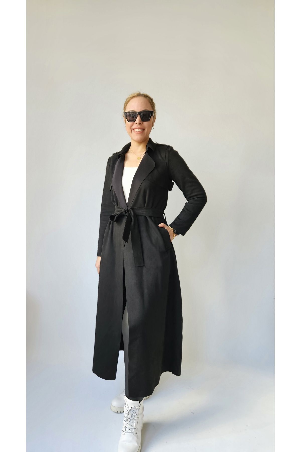 MADAME MELEK Women s Long Black Suede Trench Coat Trendyol