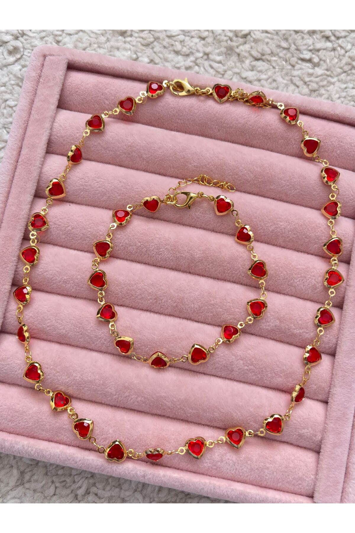 Genel Markalar Kırmızı Kristal Kalpli Kolye & Bileklik Seti