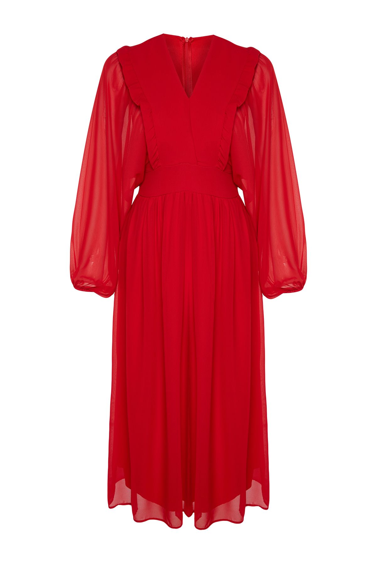 Trendyol Modest-Červené tkané šaty s minimálním vzorem z šifonu TCTSS24EB00035 6