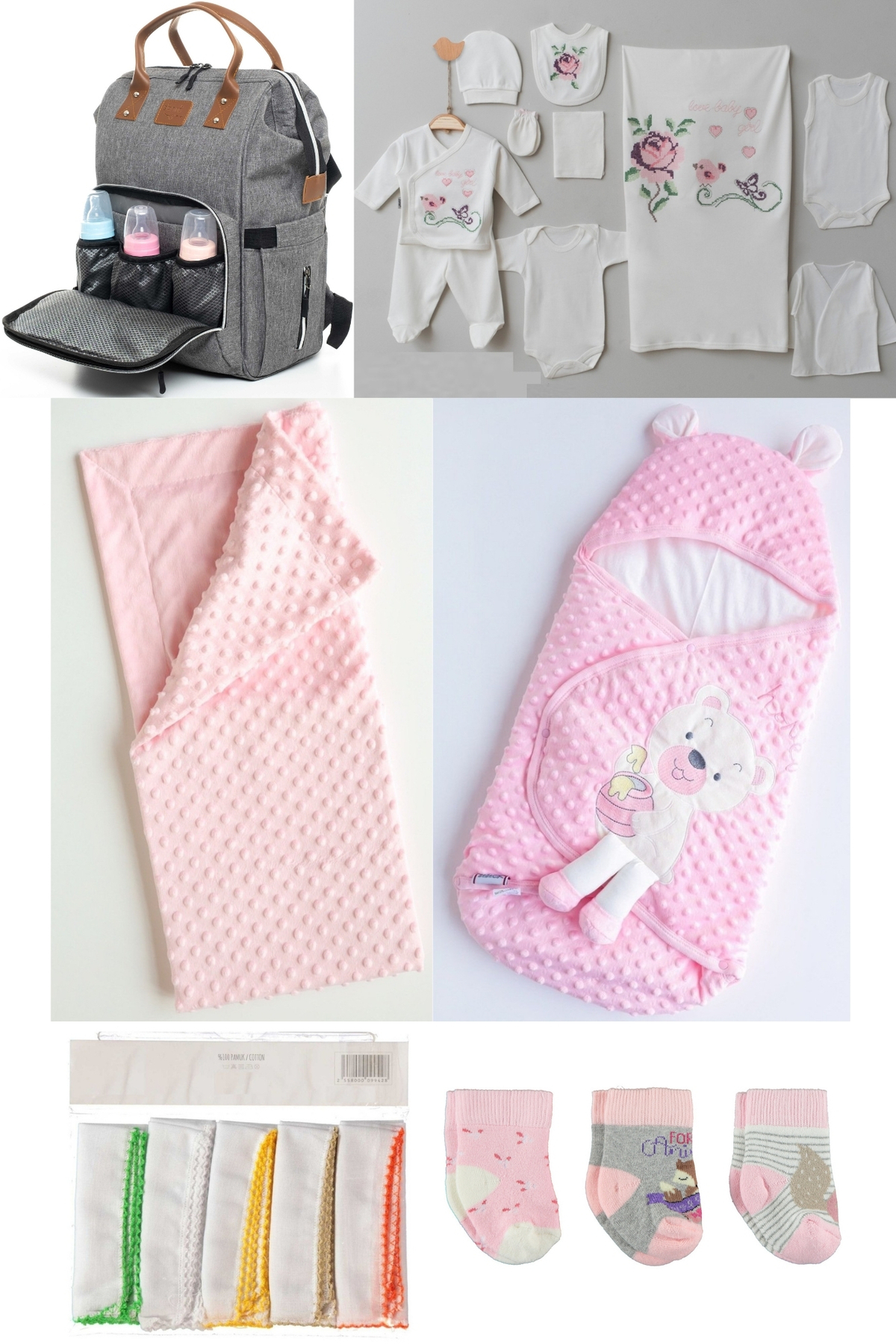 6-Piece Cute Bears Birth Set 10-Piece Hospital Checkout Baby Bag Swaddle Blanket Handkerchief and Socks Set