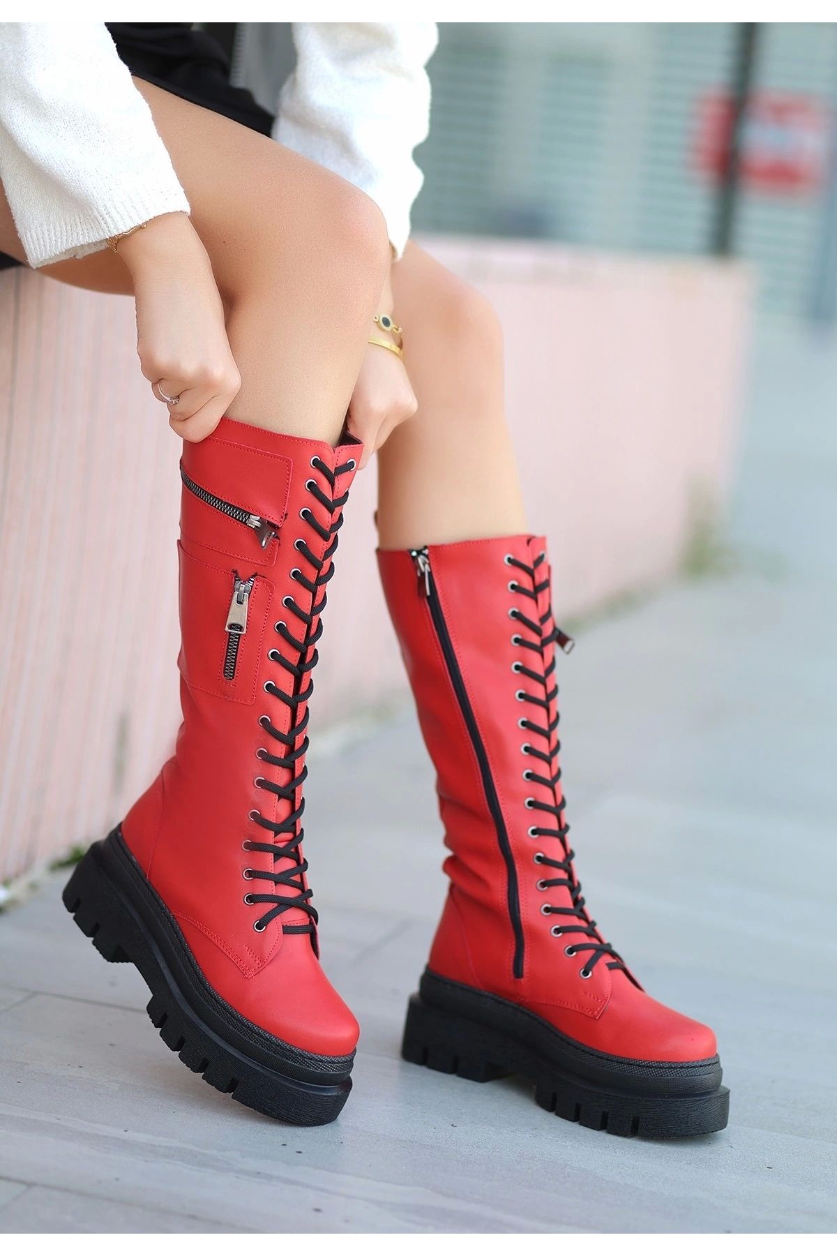 Flat red discount knee high boots