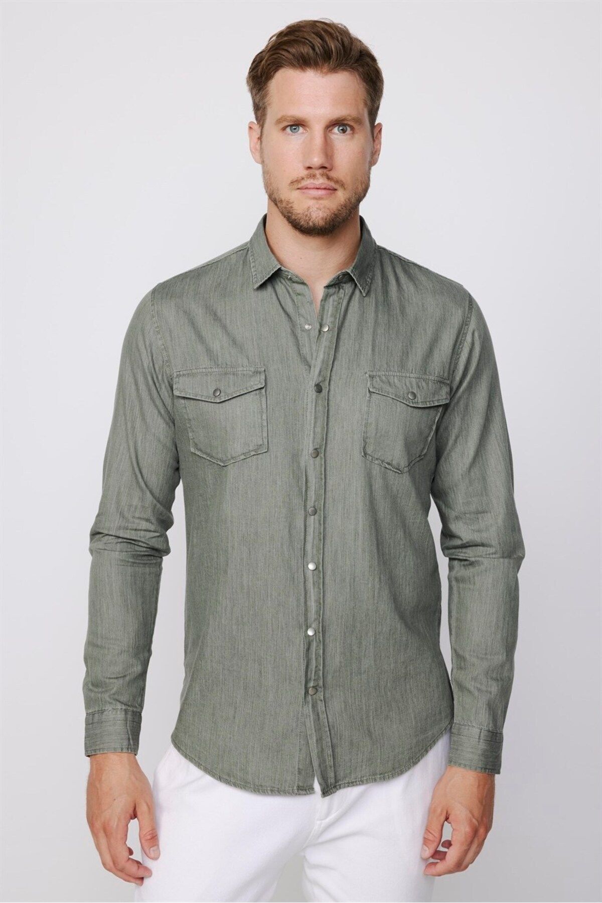 Green denim shirt mens clearance