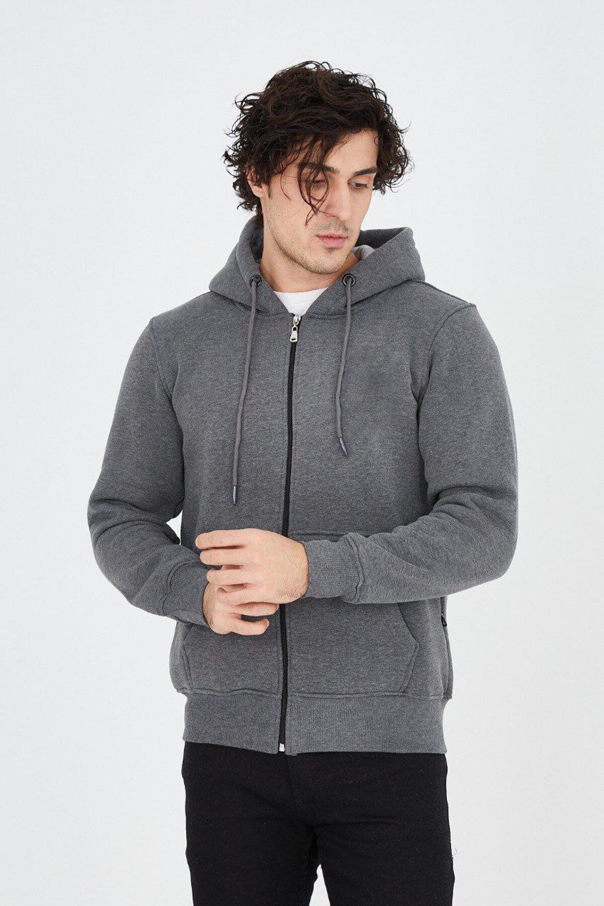Mhm Unisex Düz Kapüşonlu Fermuarlı Kanguru Cepli 3 İplik Kumaş Tam Kalıp Hırka görsel 2