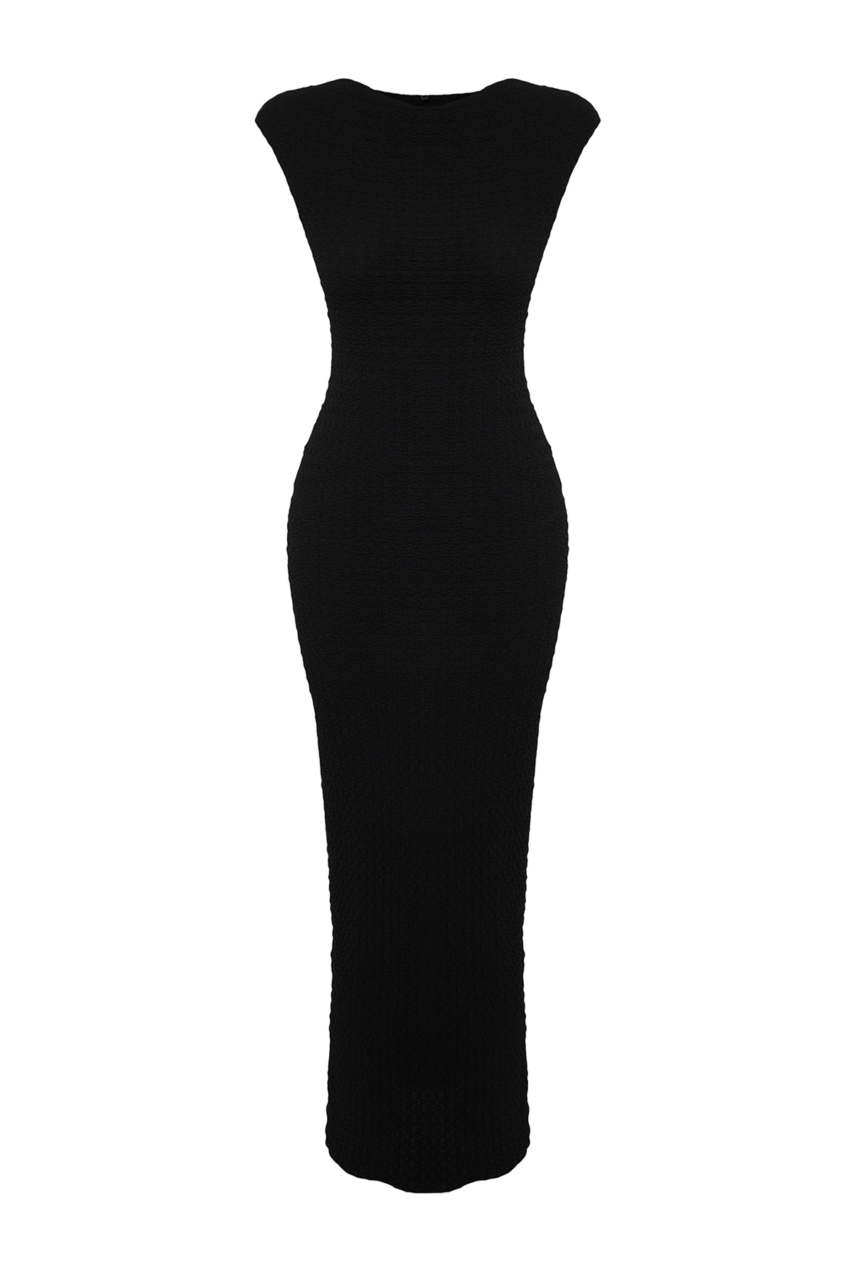 Trendyolmilla  Siyah Dokulu Kumaş Fitted/Vücuda Oturan Ay Kol Örme Esnek Midi Kalem Elbise TWOSS24EL00103 - Görsel 7