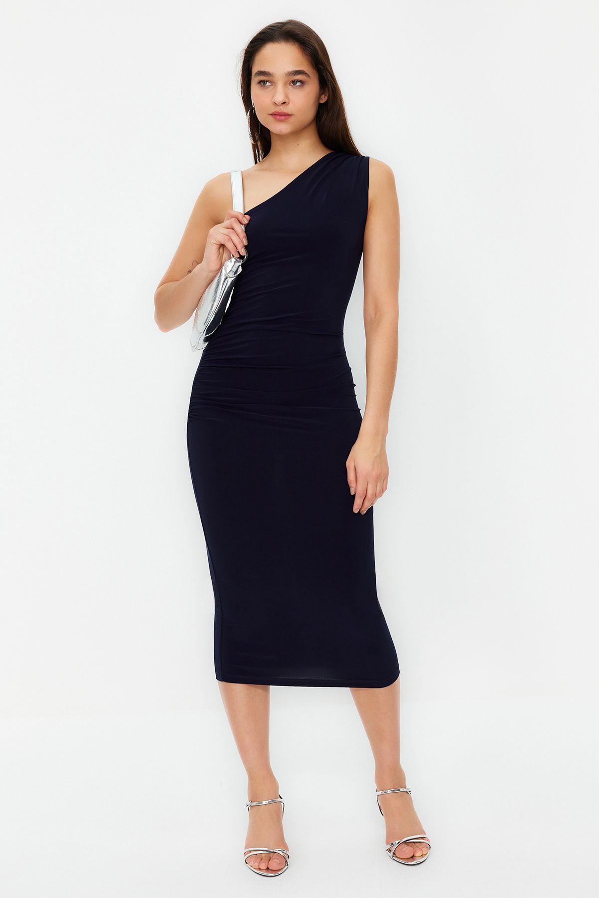 Trendyol Collection-Rochie creion midi tricotată maxi elastică, cu un singur umăr, albastru marin TWOSS24EL00100 2