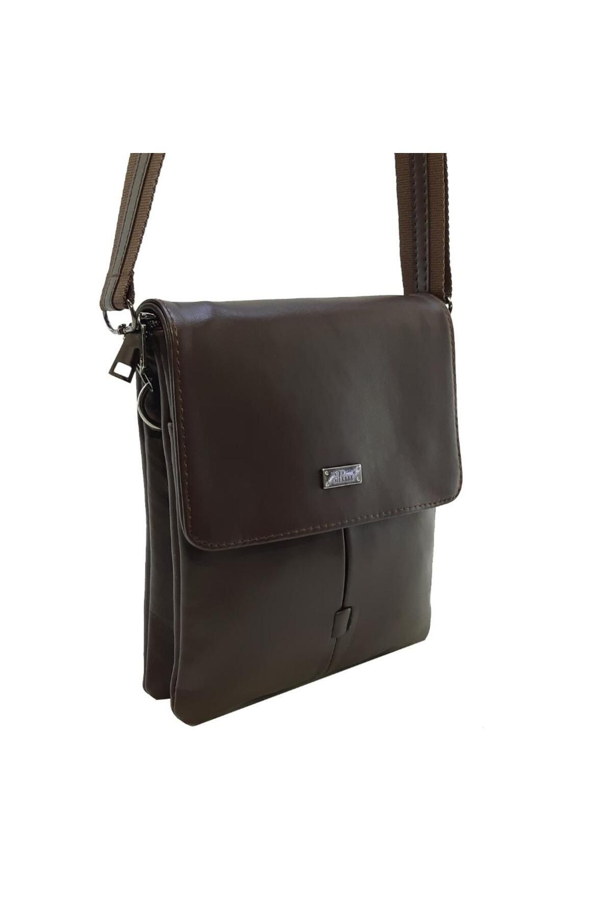 Dark brown leather messenger bag top