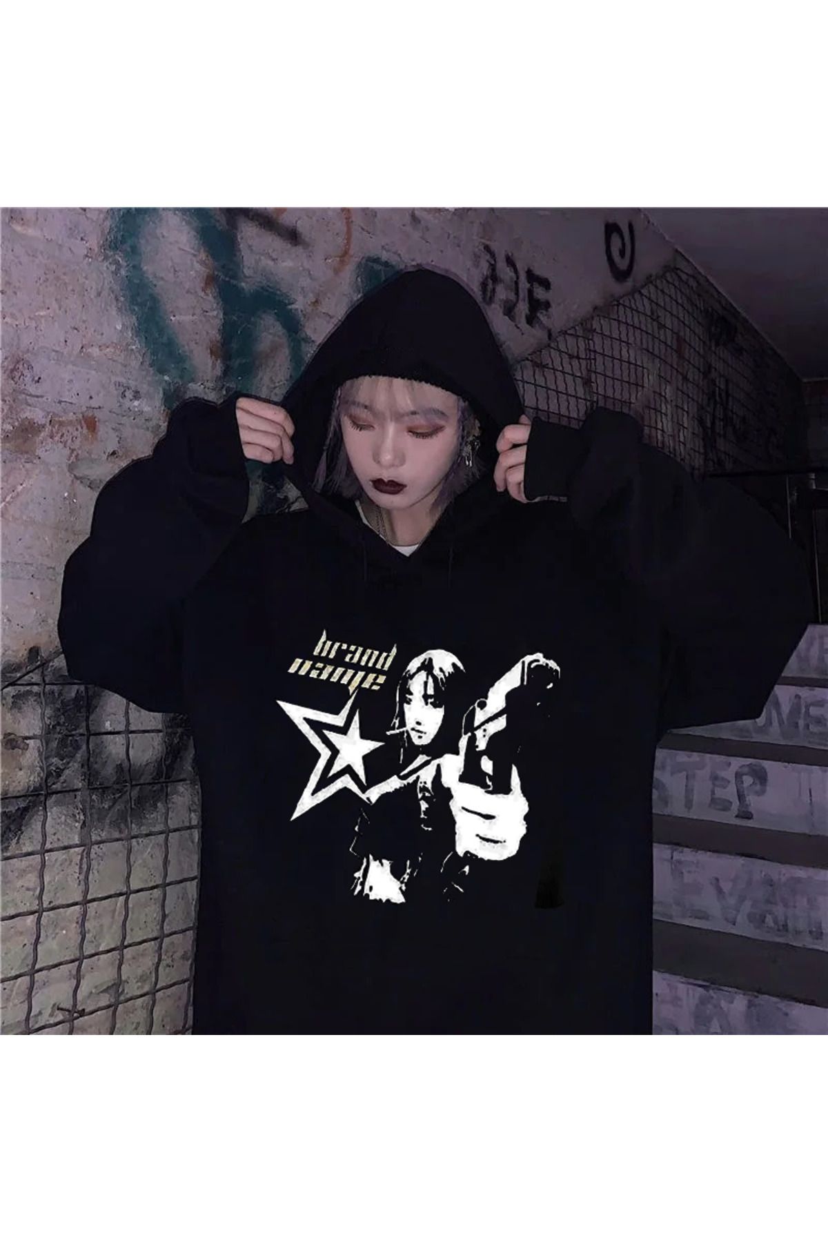 K stebek Black Retro Brand Name Hooded Sweatshirt Trendyol