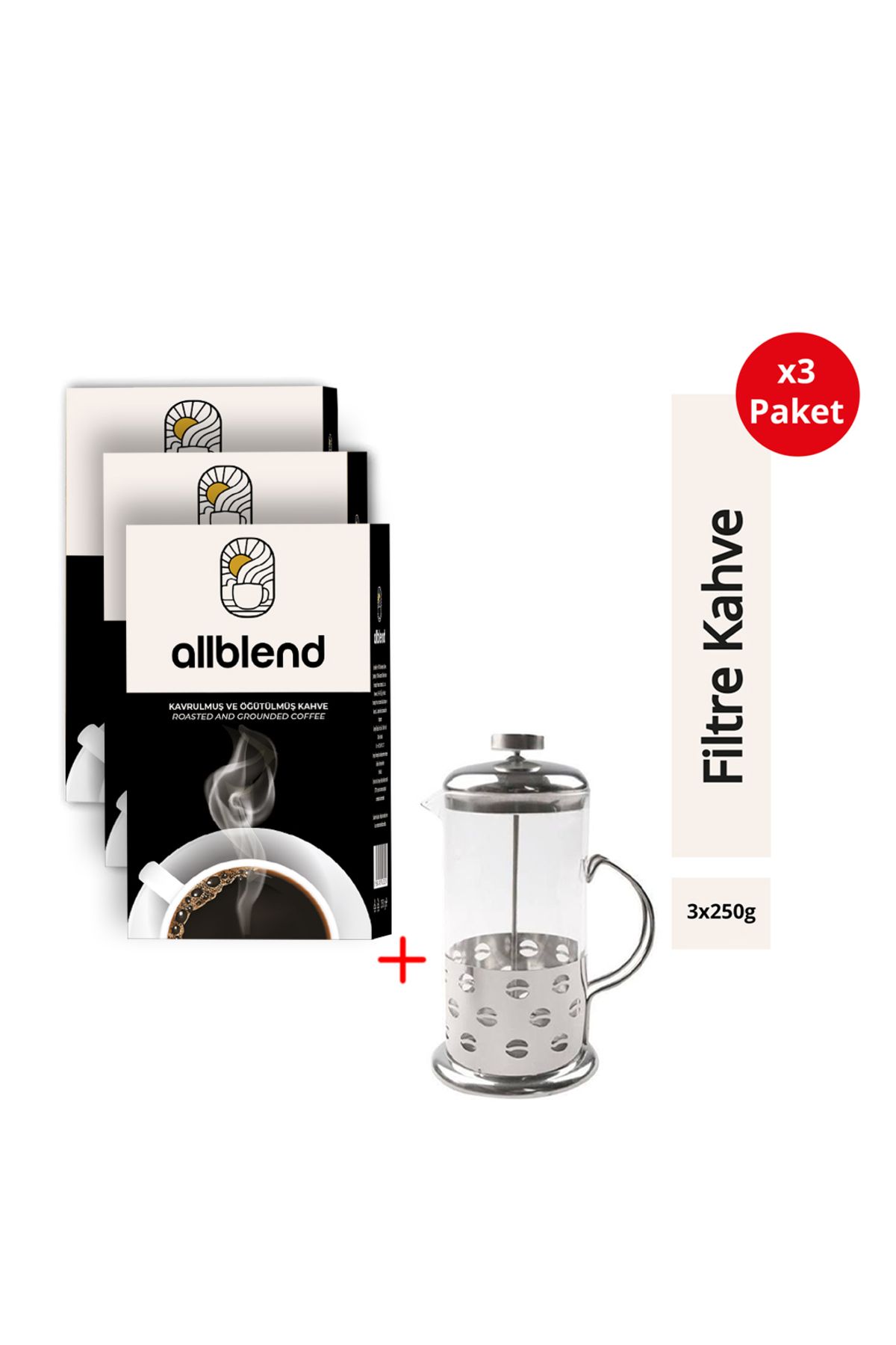 AllBlend Filtre Kahve 250 gr. x 3 Adet (frenchpress hediyeli) AB250X3